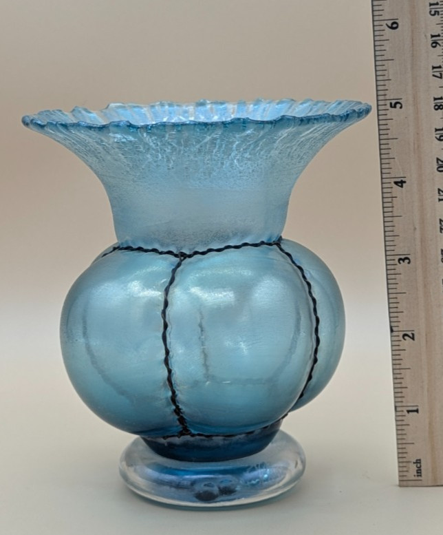 Art Glass Vase – Blue Iridescent Studio Glass – Wire Wrapped Mixed Media – Alder