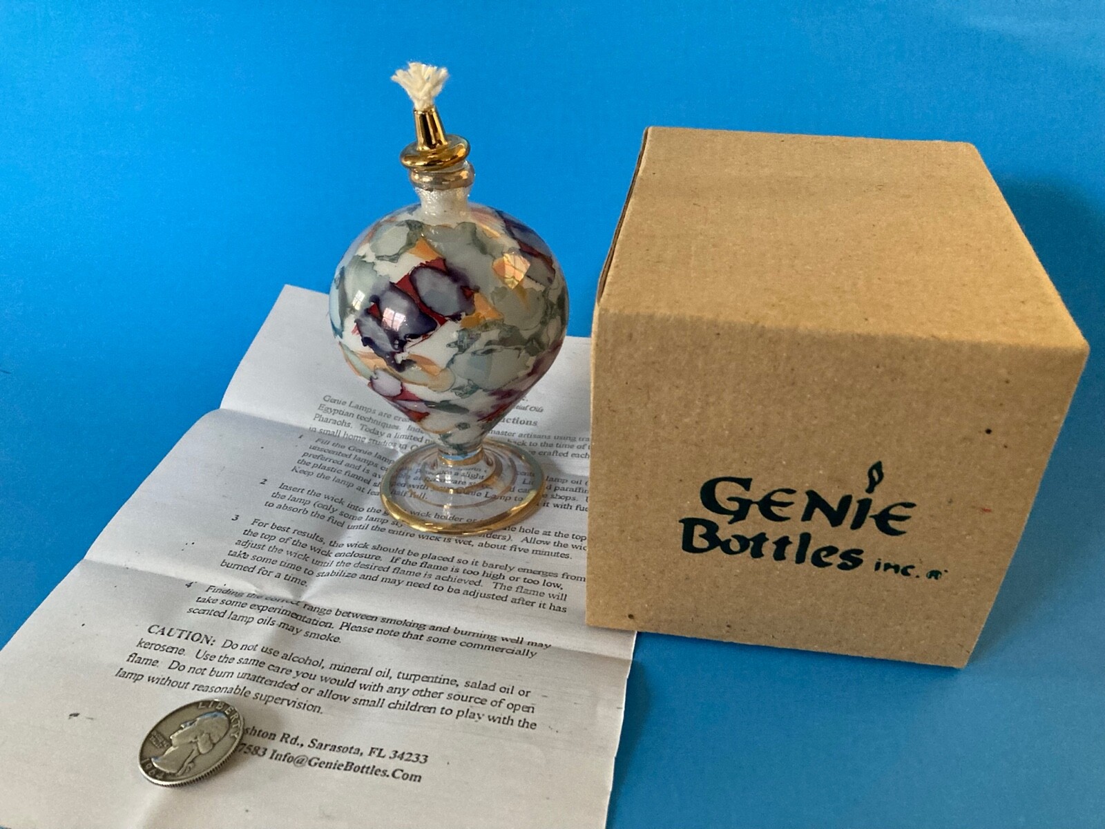 NEW MODELED HAND BLOWN GLASS OIL LAMP 24K GOLD EGYPTIAN NIB GENIE BOTTLES NOS A+