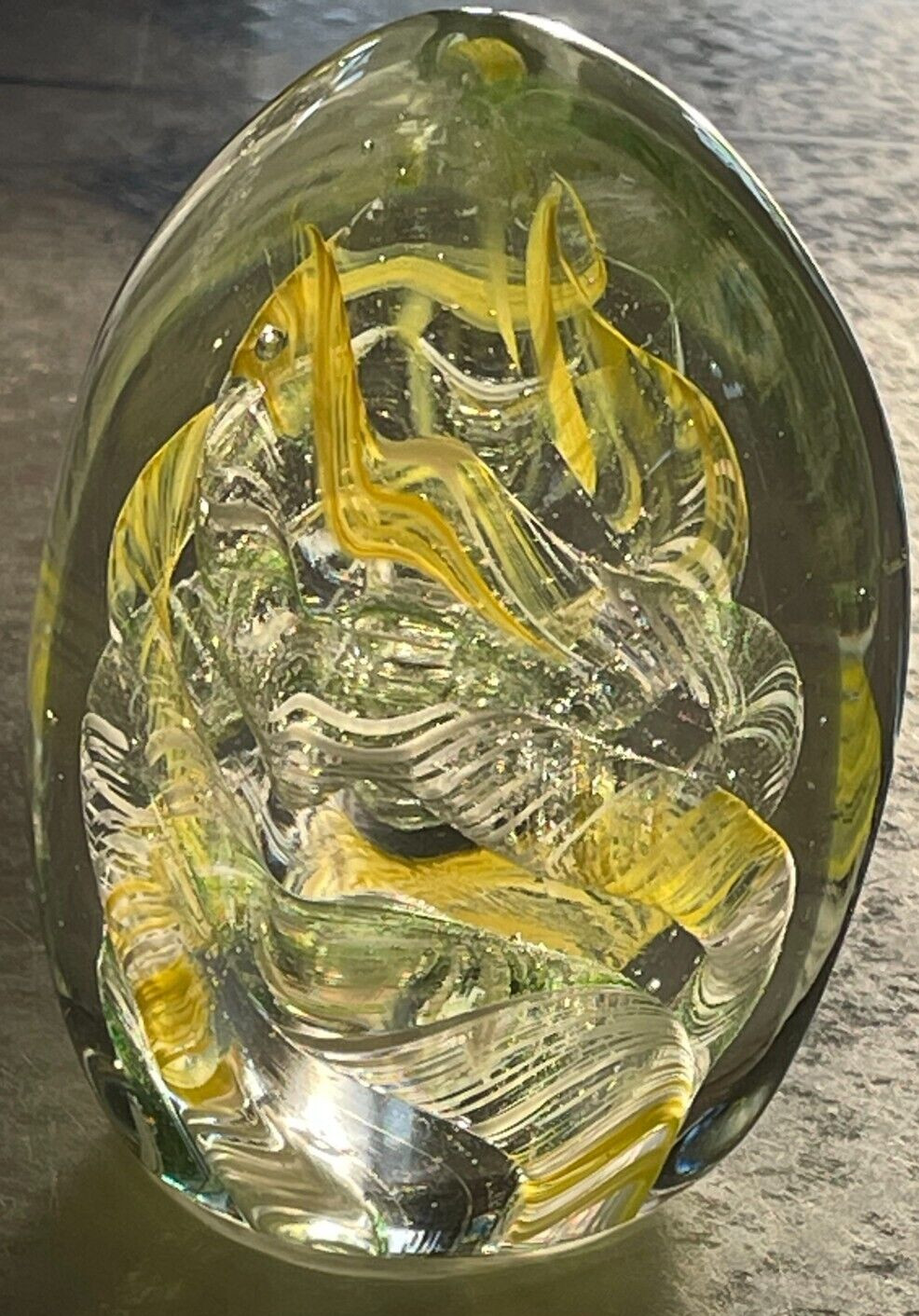 VTG Triangle Studio Art Glass Paperweight Yellow Green White Swirls Bubbles 4″