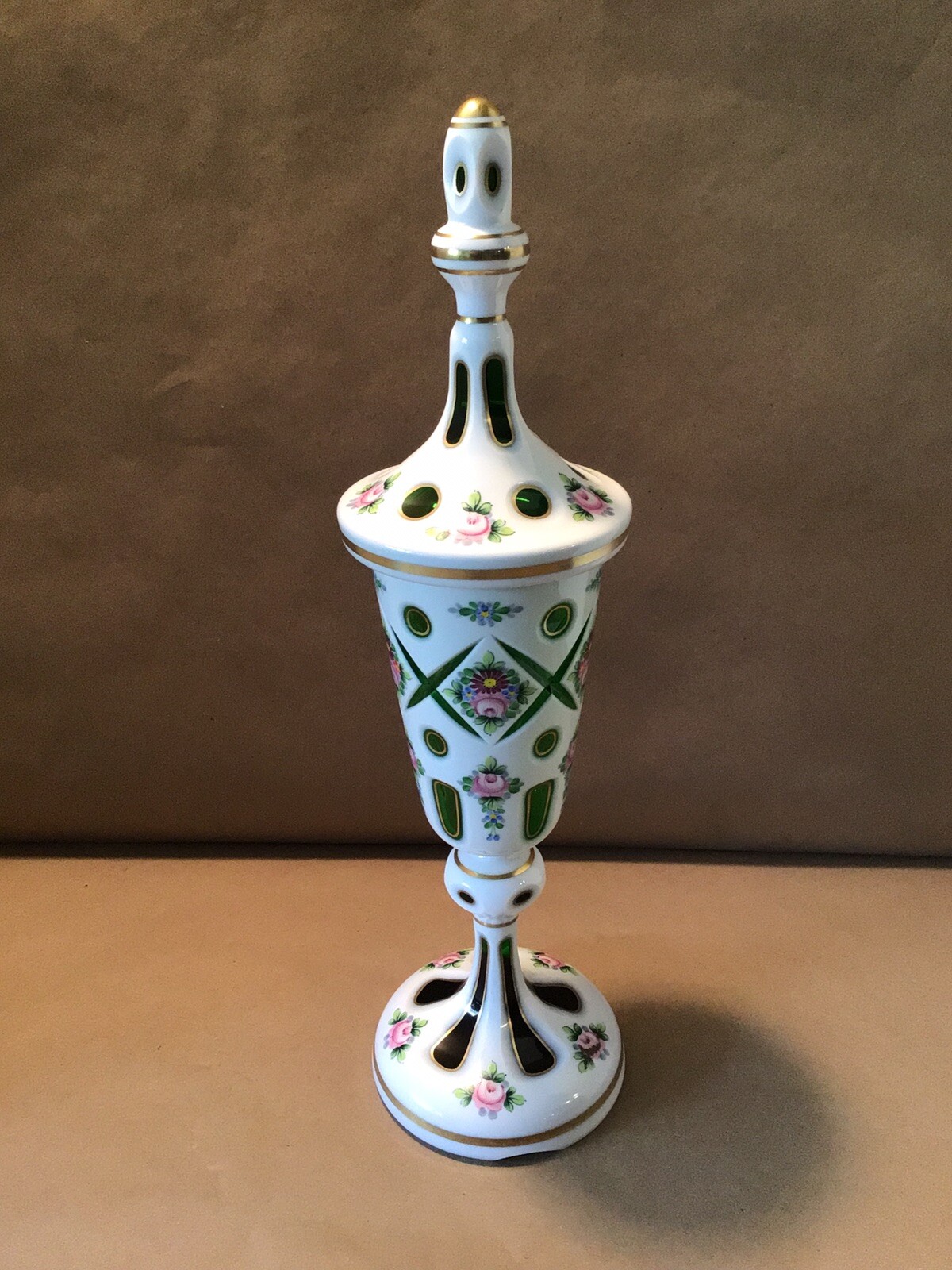 BOHEMIAN MOSER ART GLASS WHITE CASED CUT TO GREEN 15.5” COVERED FLORAL URN VASE