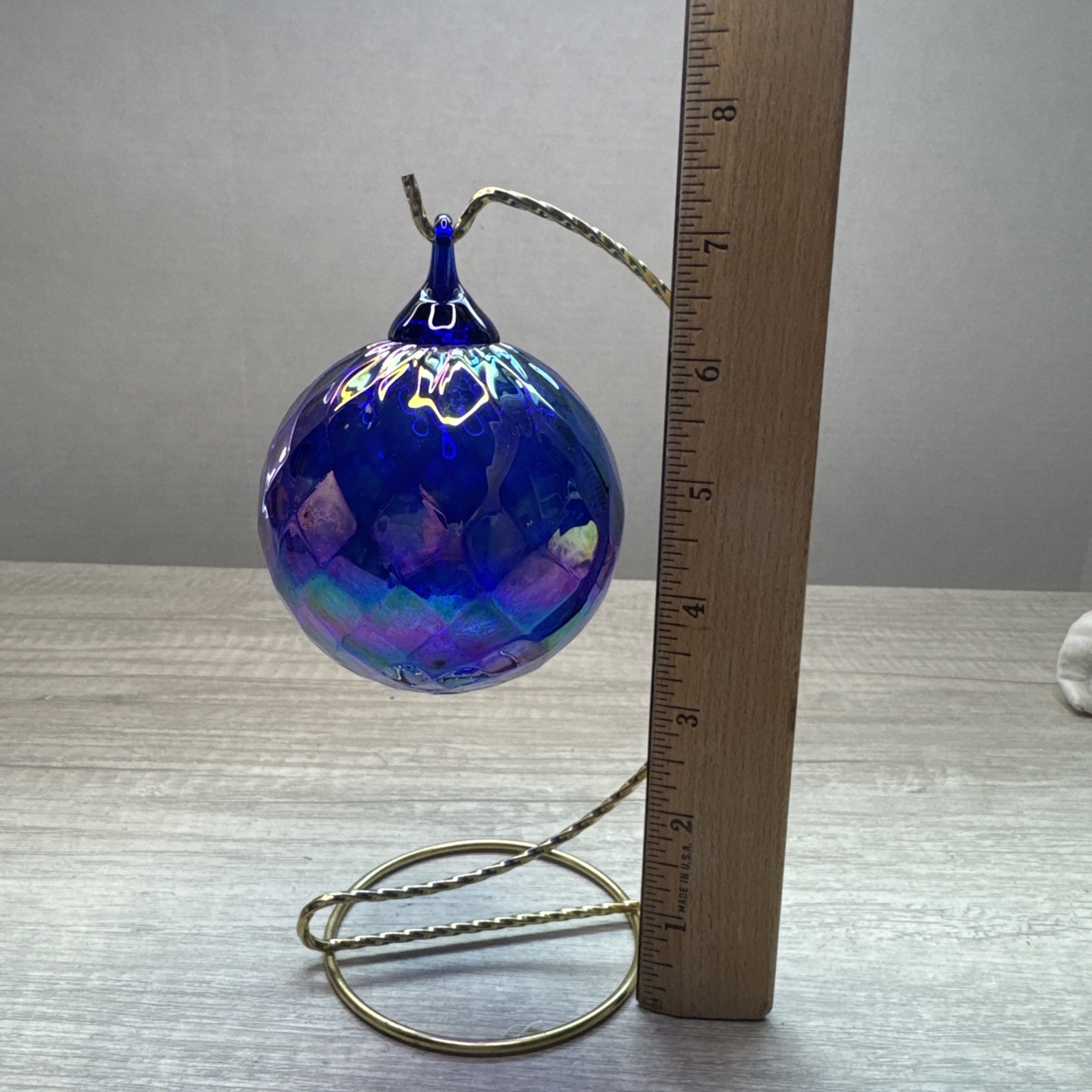 Hand Blown Art Glass Ornament With Stand Purple Blueiridescent 4” Glass Orb