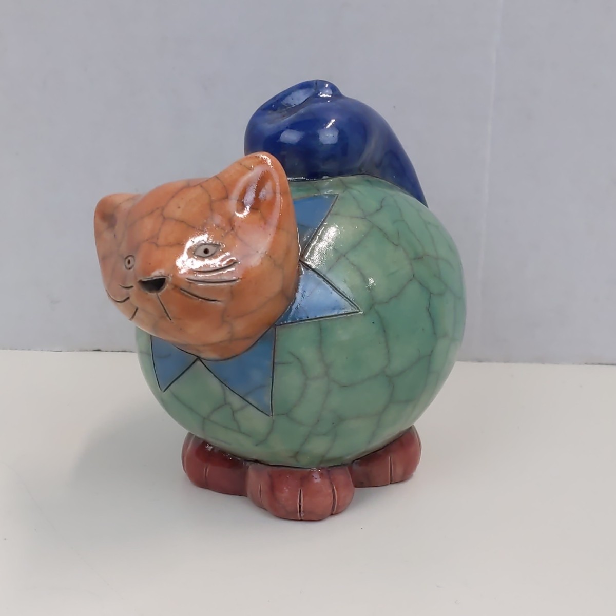 Vintage Art Pottery Cat Figurine Crackle Glaze Blue Green Statue Decor African