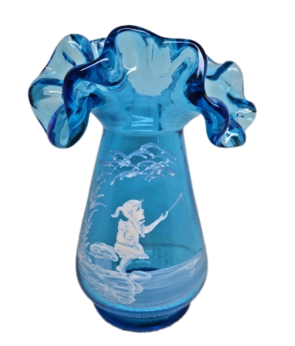 Westmoreland Ruffled Glass Vase Mary Gregory Design Girl Fishing Signed/#/ 5″ EC