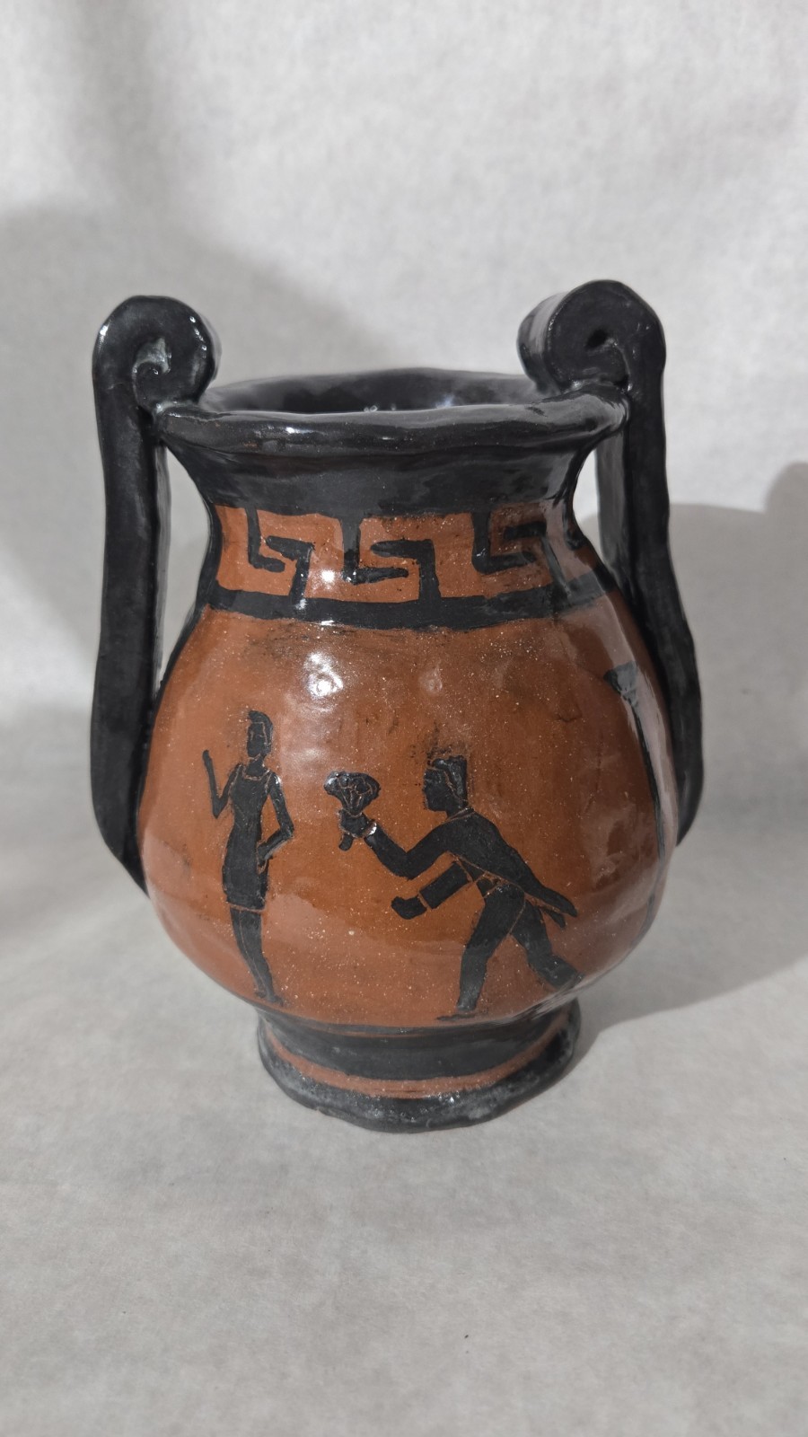 Vintage Vase Red Clay Pottery Greek Mythology? Double Handle Jug 7.5″ Signed AK