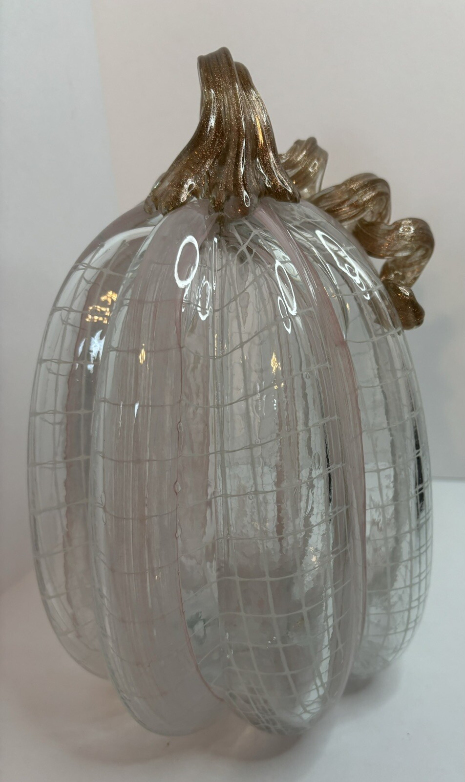 BLOWN GLASS CLEAR, WHITE, GOLD, LIGHT PINK FALL PUMPKIN ART GLASS DECORATION #1