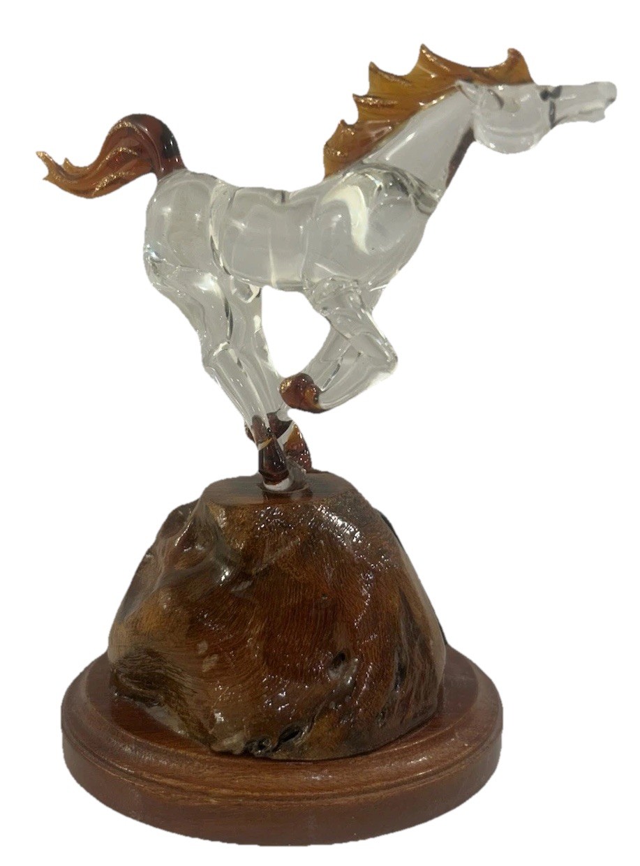 Glass Gallery 6” Horse Figurine Handblown Crystal Art Glass HandCarved Wood Base