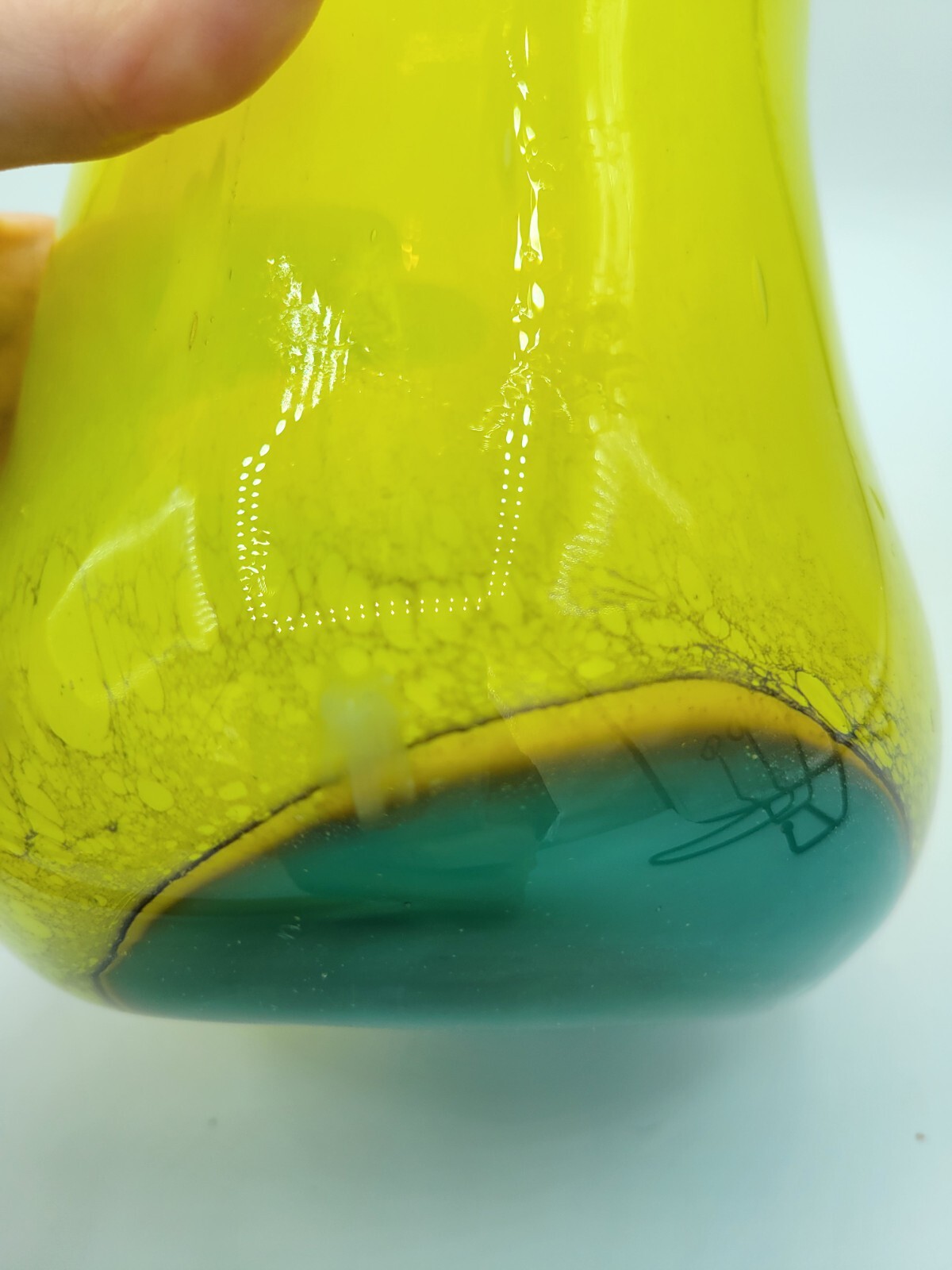 Hand Blown Art Glass Teal Blue Green And Lemon Yellow Stars Vase 7″