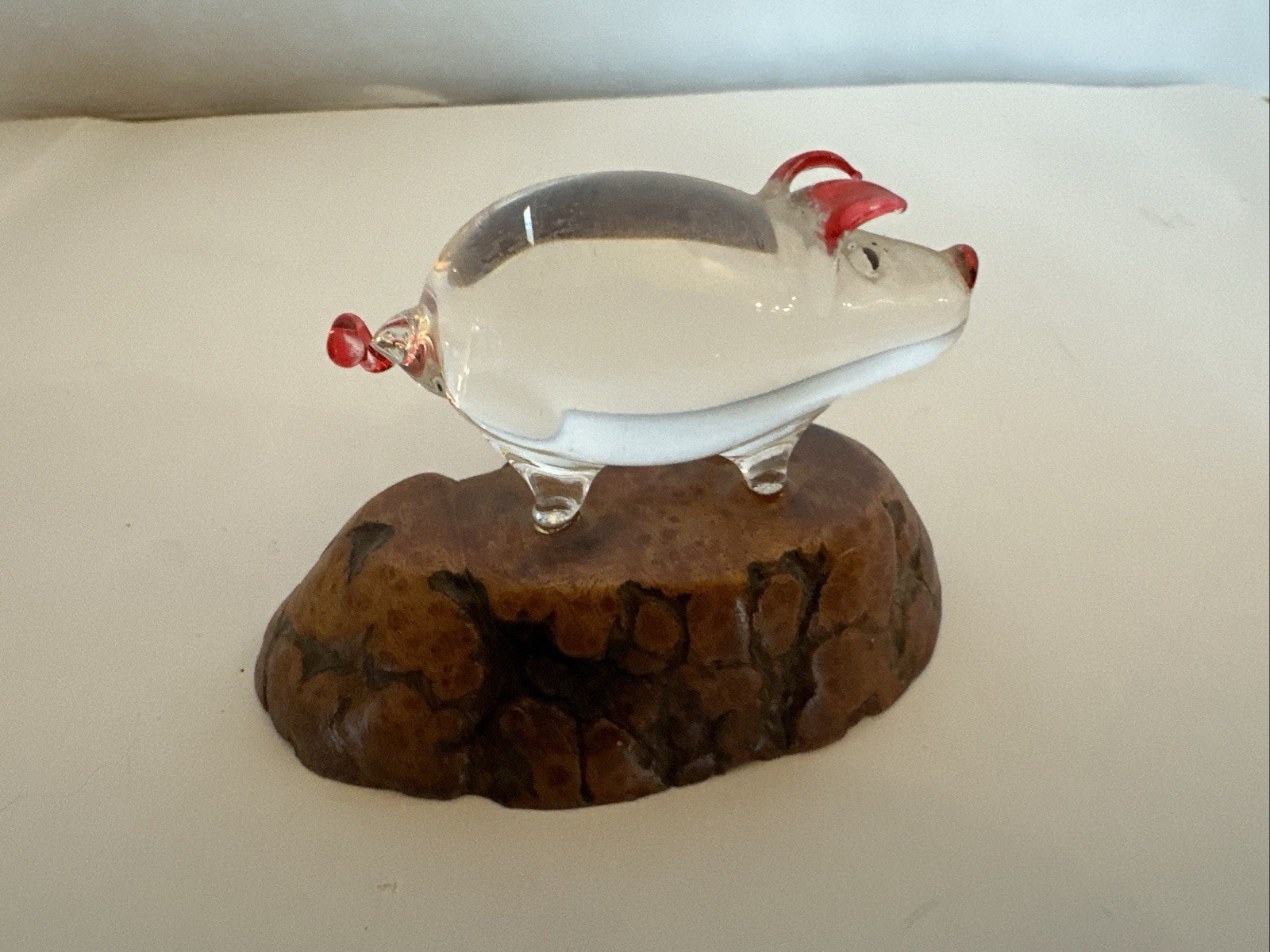 vintage Pig glass sculpture clear mid century modern live edge burl wood? Art