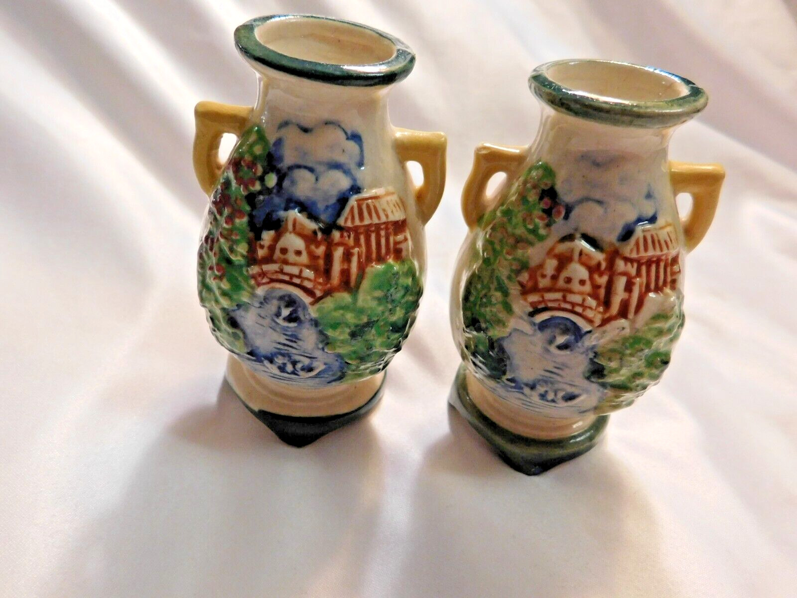 Vintage Majolica Two Handled Embossed Pattern Porcelain Vases Occupied Japan