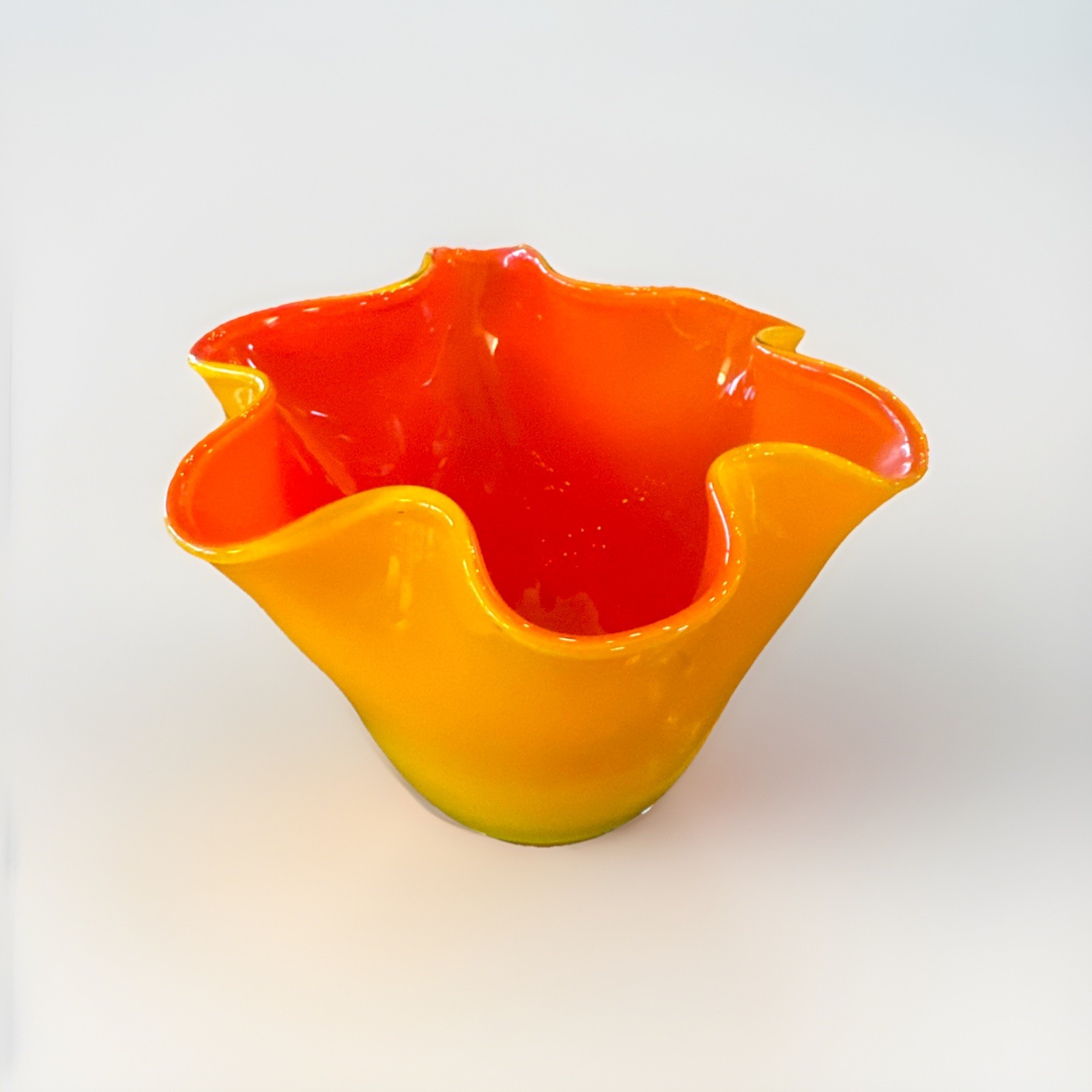 Yellow and orange blown glass handkerchief vase. 4.5 In Tall