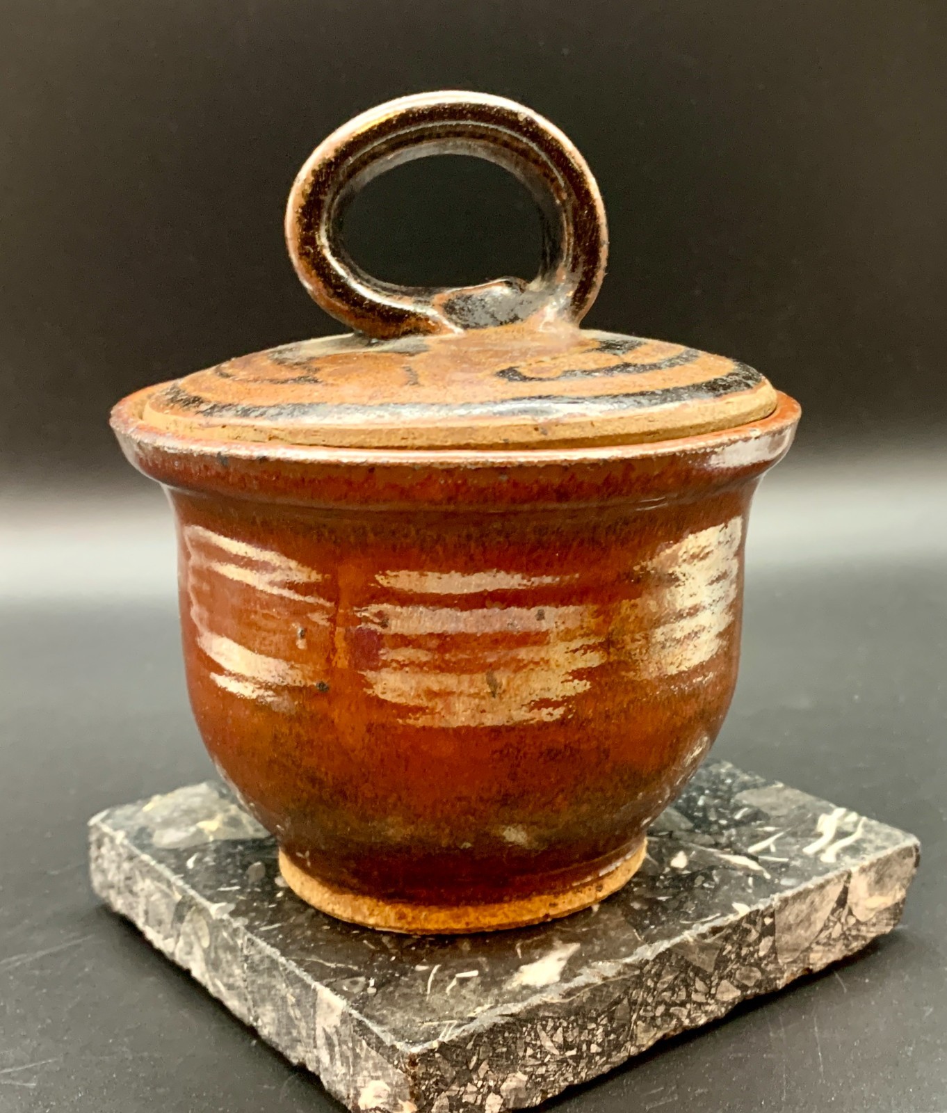 Redware Pottery Crock Trinket Box w/ Lid Small Glazed Artist Signed 4.5″ Tall