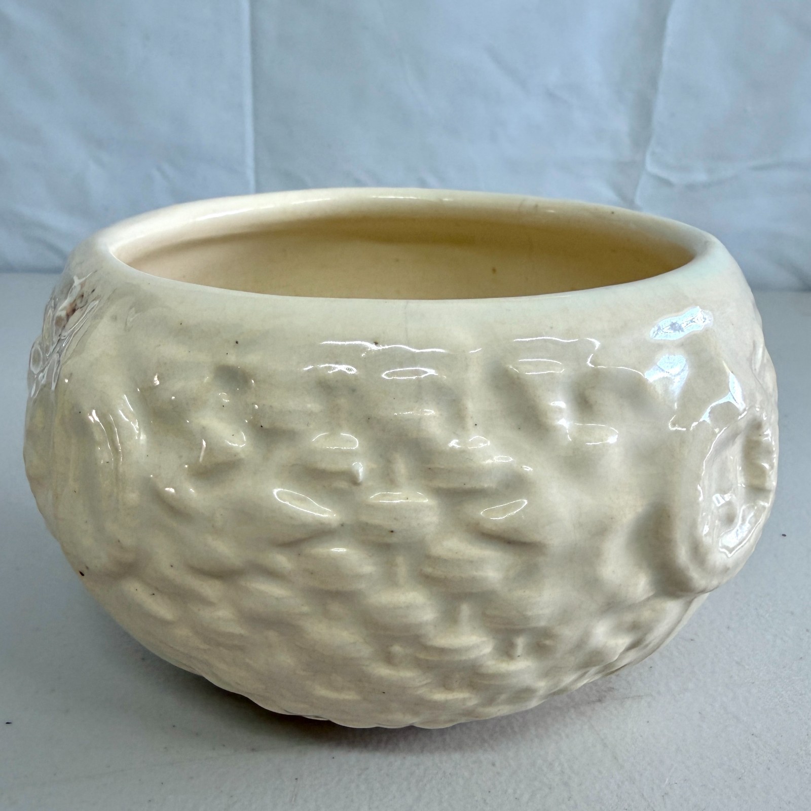 Vintage Nelson McCoy Basketweave Hanging Planter Ivory Pottery Bowl 5in 1930s