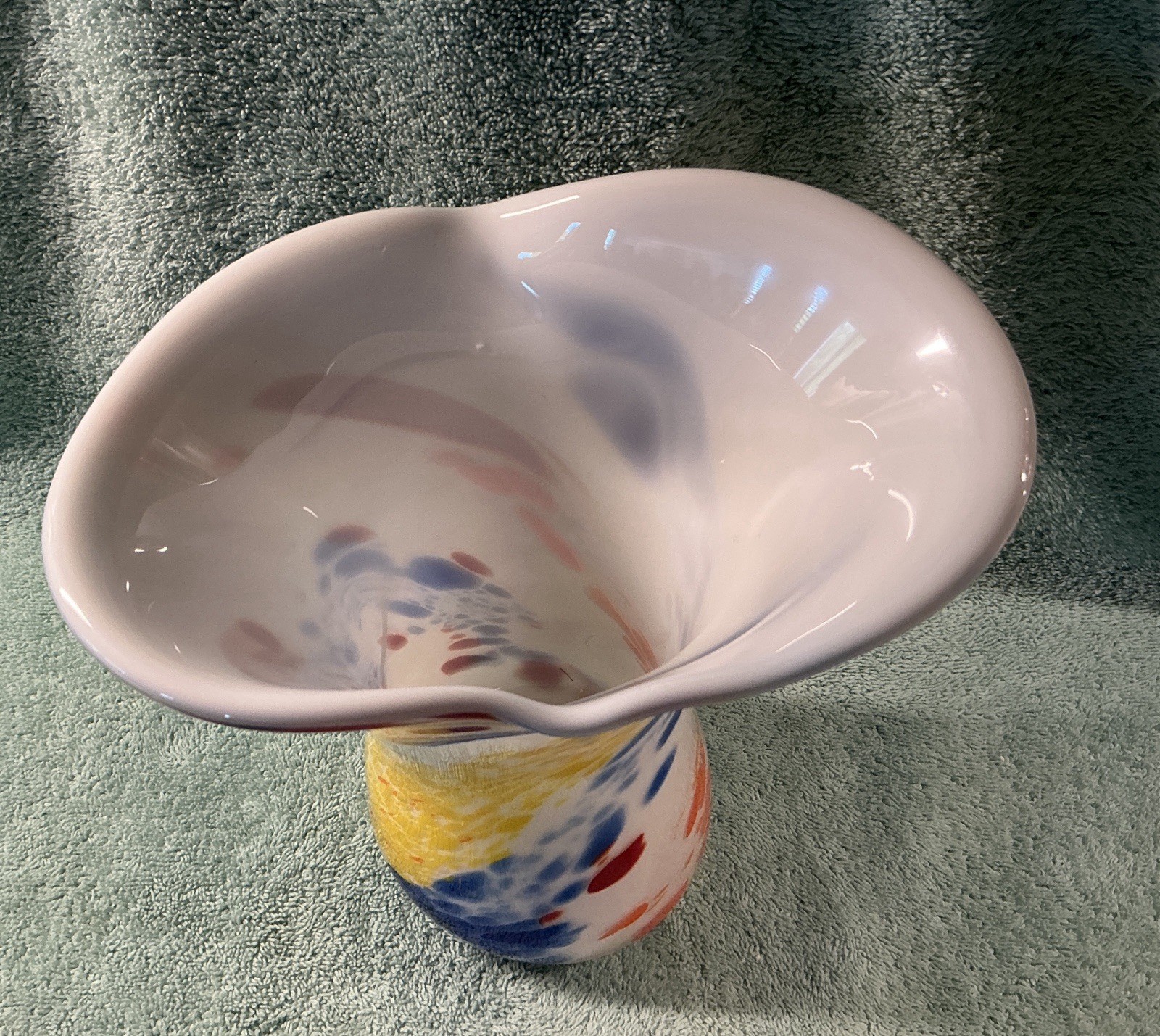 MCM Hand-Blown Multicolored Spatter on White Opal Glass Vase