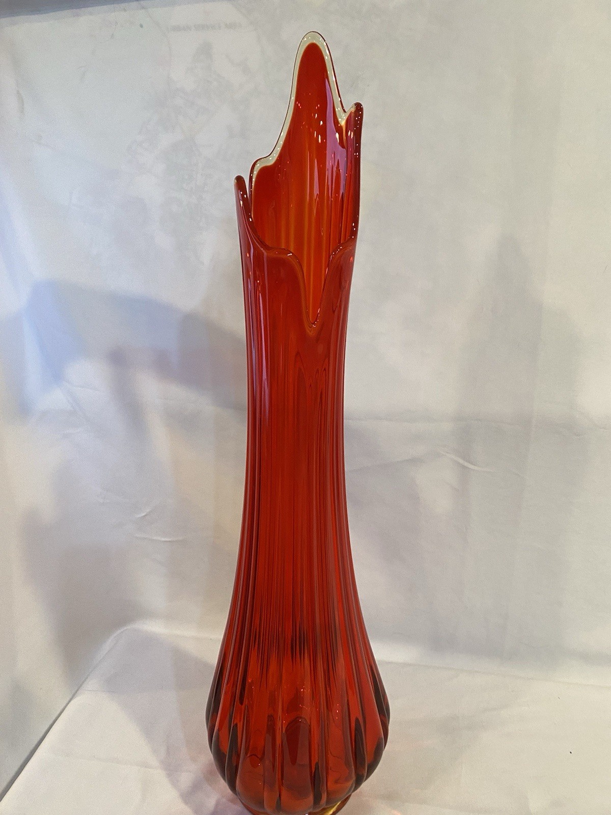 LE Smith 24” Red Ribbed Swung Vase. 20” Around At Base. Handmade Smith Sticker