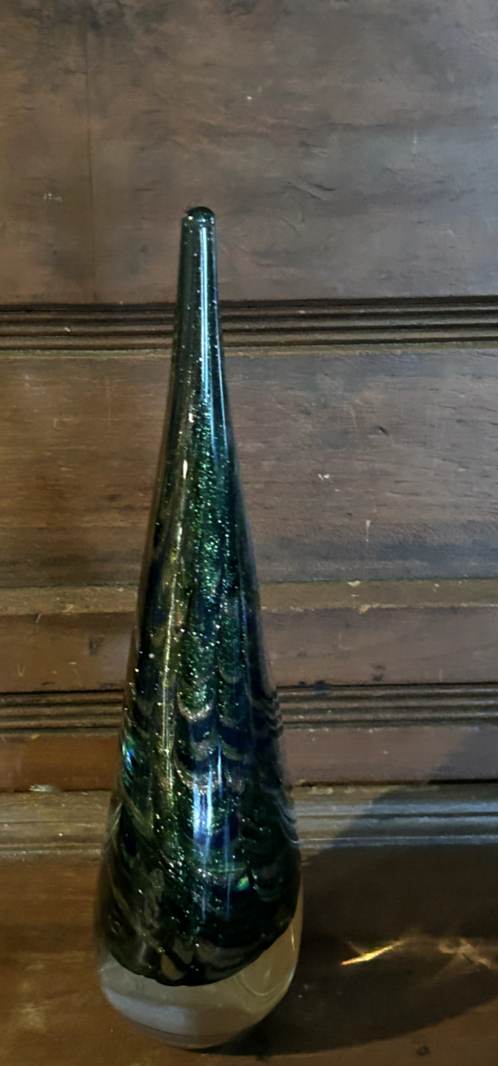 Murano Style Teardrop Peacock Feather Art Glass Paperweight Sculpture 10 1/4″