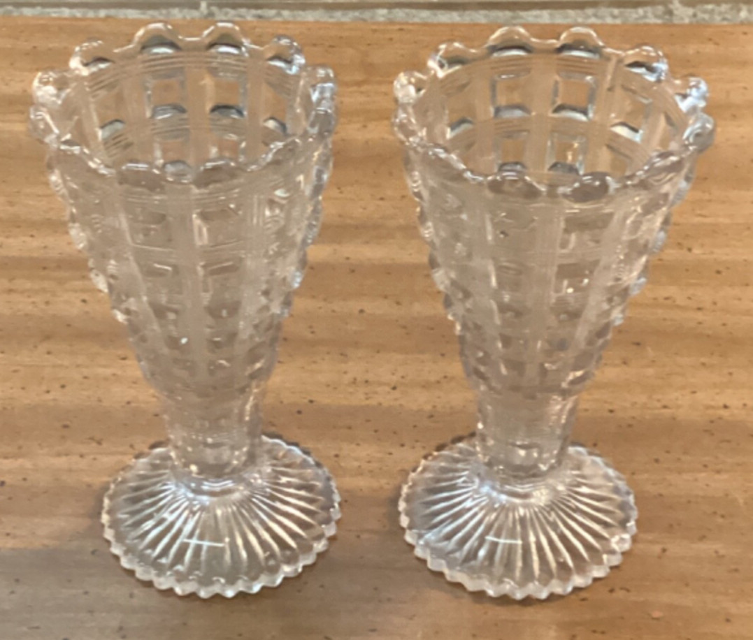 2 Vintage Westmoreland Clear Glass 1930s Berlin Pattern Flare Bud Vases