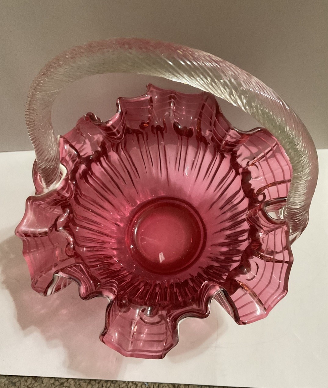 Fenton Cranberry Glass Overlay Ruffled Basket with Handle 1950 Ribbed Art Glass