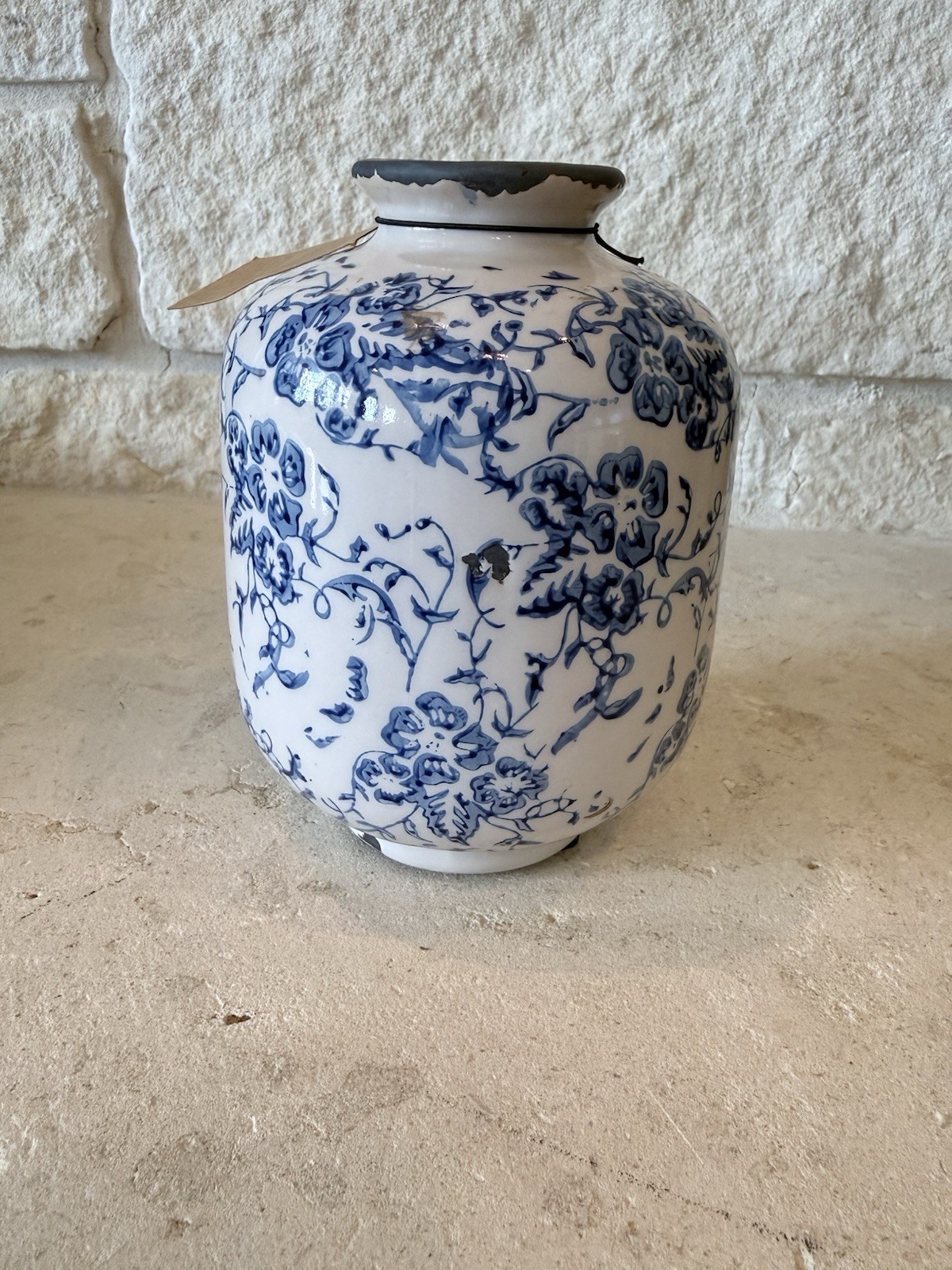 Creative Co-Op Terracotta Bud Vase in Distressed Blue & White Glaze 5.75”
