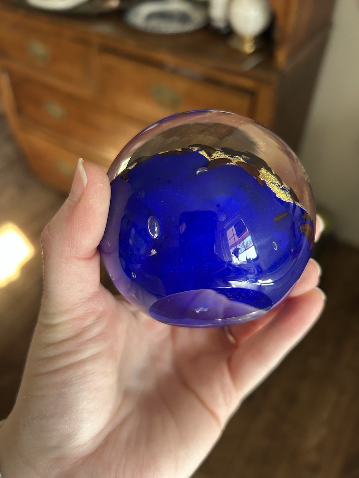 Robert Held Cobalt Blue Gold Foil Round Paperweight Signed & Original Sticker