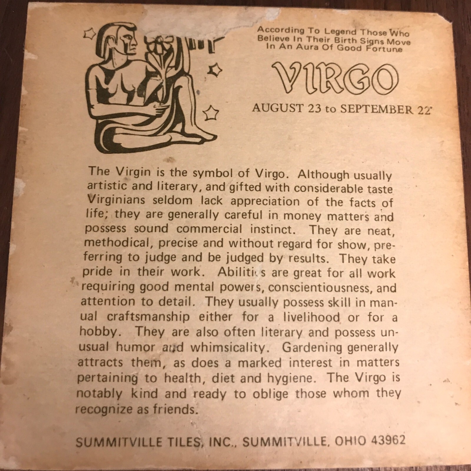 Don Schrekengost Vintage MCM Virgo Zodiac Ceramic Tile on Wood Summitville Tile