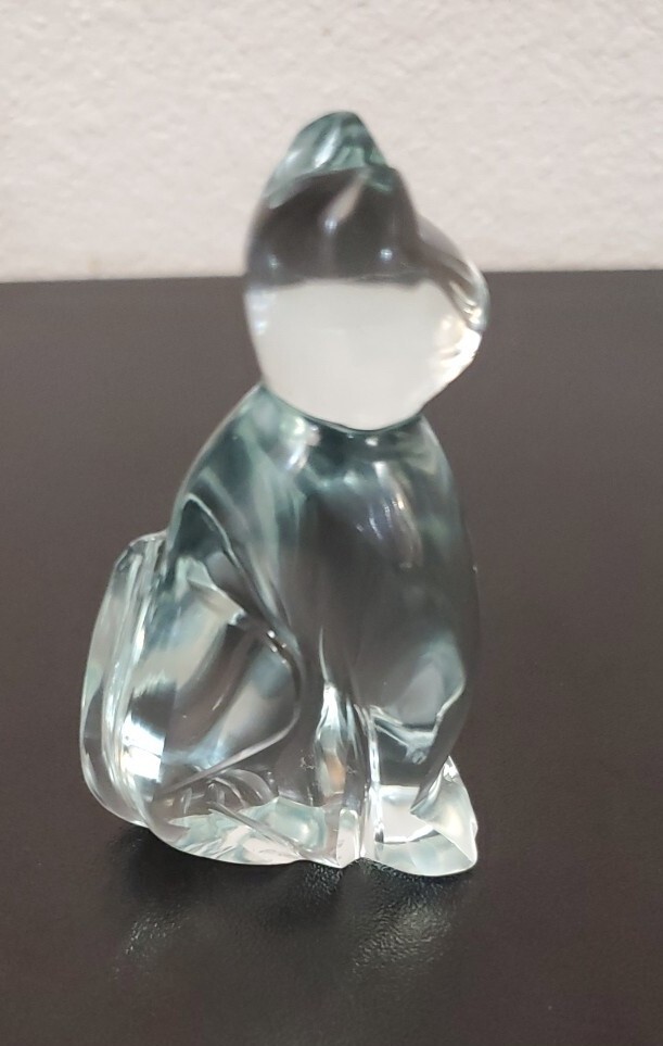 Grumpy Sad Cat Aqua Blue Cut Carved Art Glass Paperweight Figurine 3 Inch
