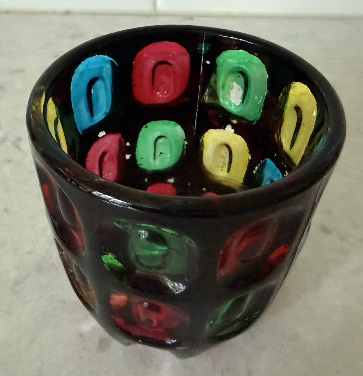 Vintage Japanese Bond Ware Glass Vase Votive Pressed Art Glass MCM Colorful