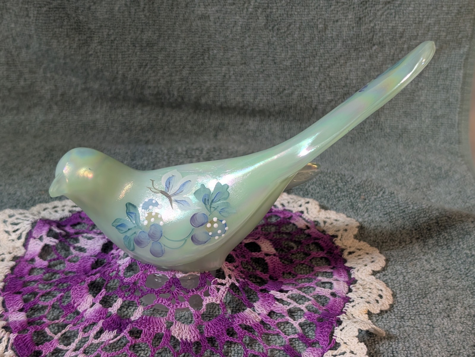 Vintage Fenton Glass “Bird Of Happiness” Mint Green Satin Glass Violet Berries