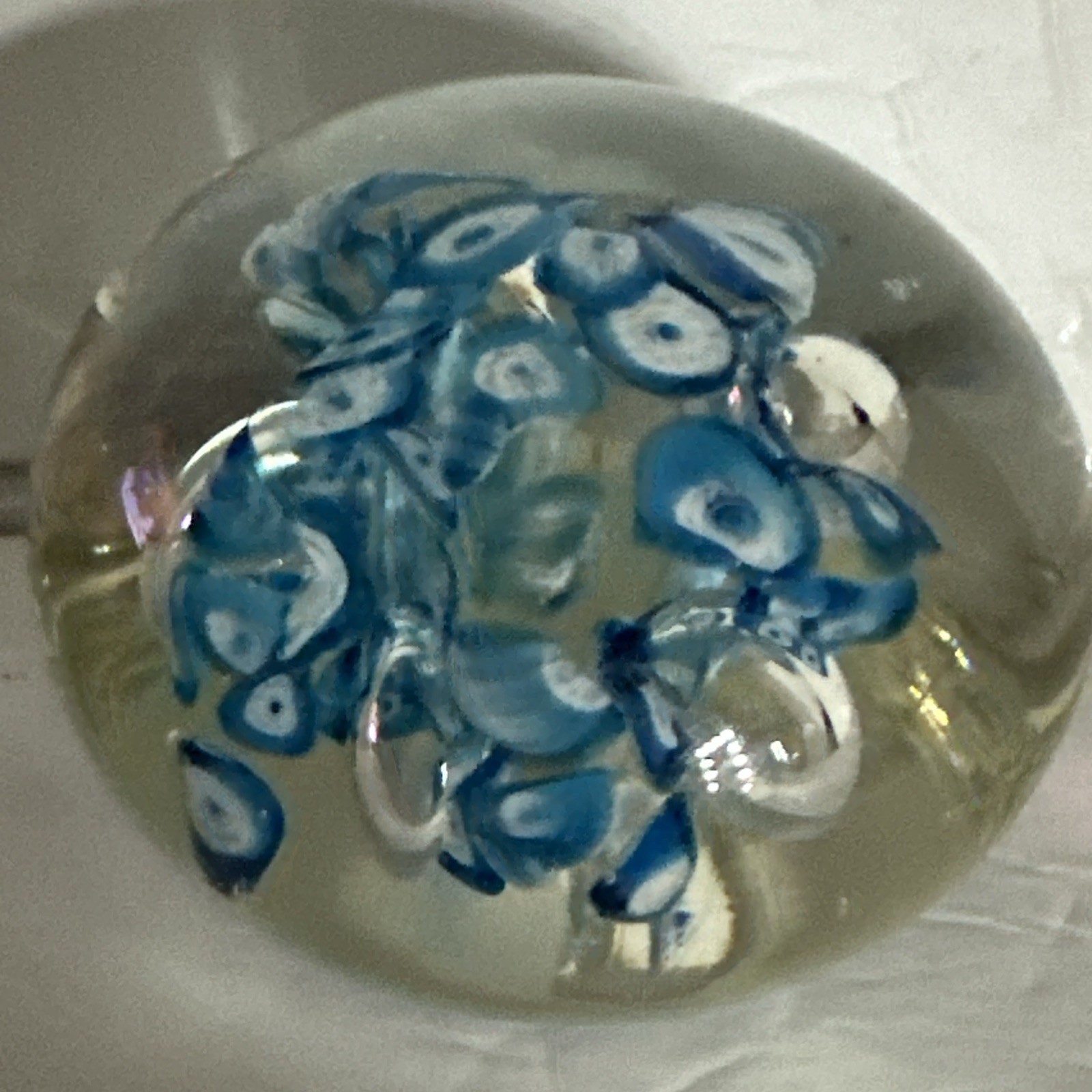 Vintage Art Glass Paperweight Round Blue & White With Controlled Bubbles Ribbon