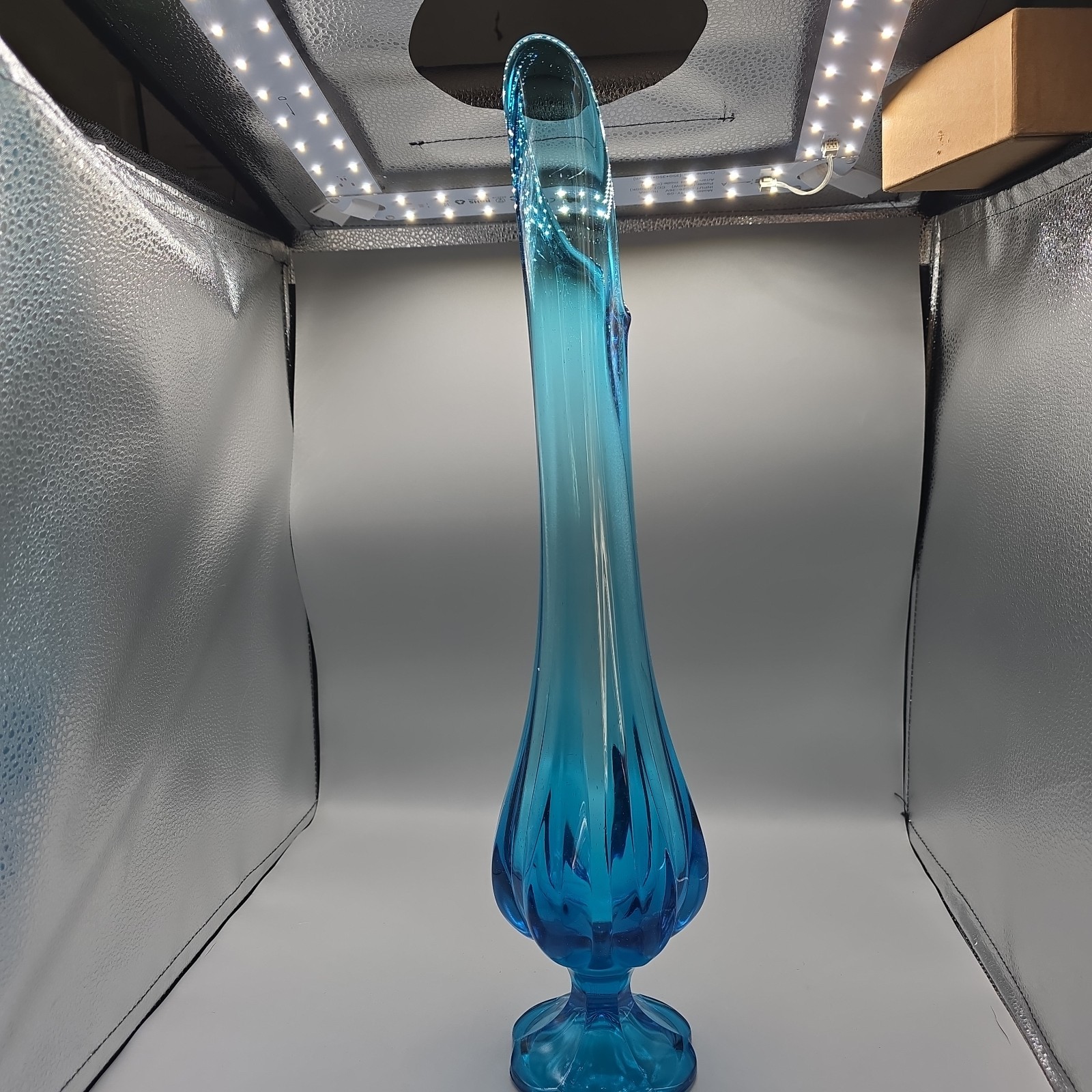 LE Smith Peacock Blue Swung Vase 19 3/4” MCM Ribbed Footed Six Pedals Pedestal