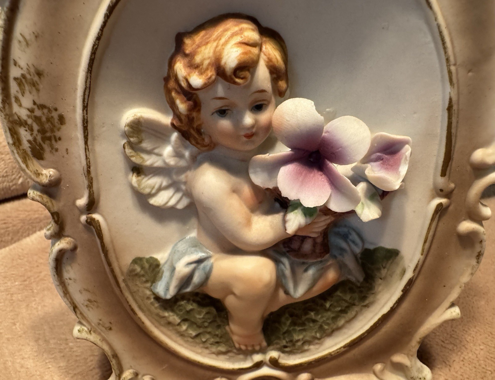 Vintage Blonde Cherub Chintz Botanical Decor Planter Boudoir Wall Vase Porcelain