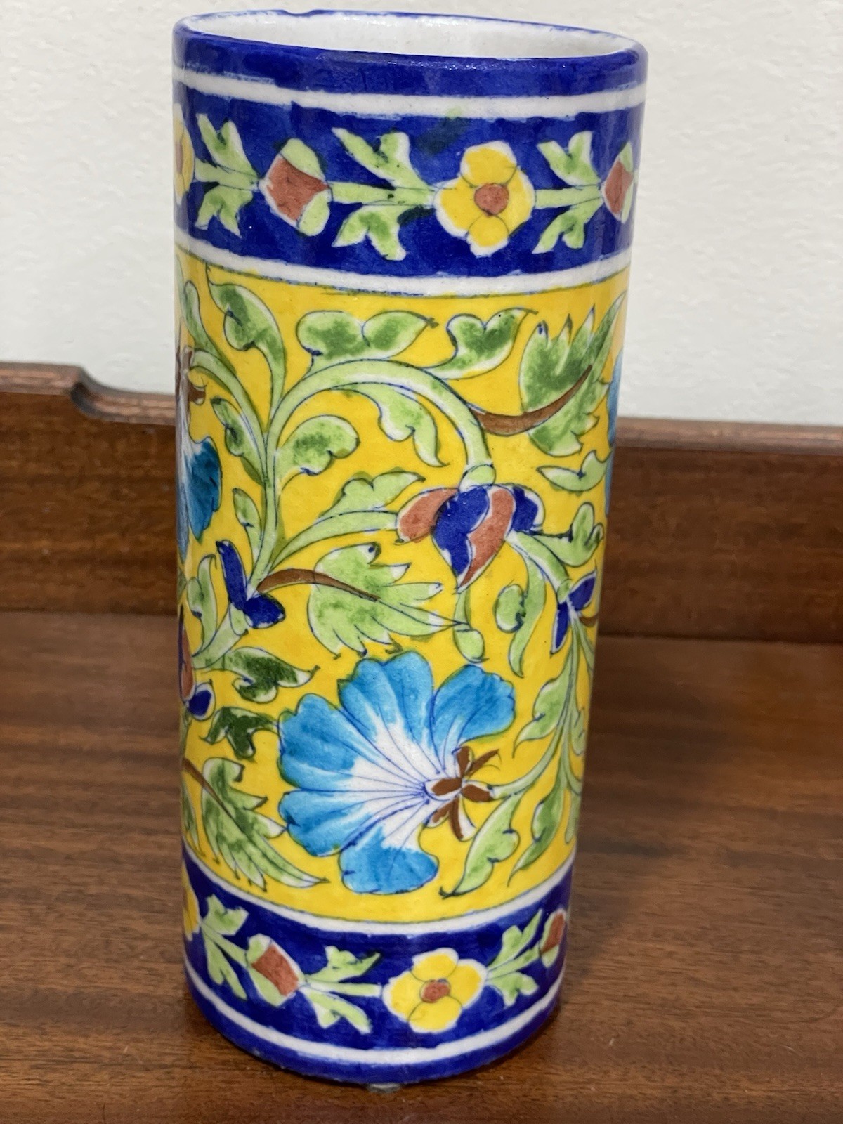 Vintage Jaipur Blue / Yellow Pottery Vase 8-1/4” Tall 3.5” Wide