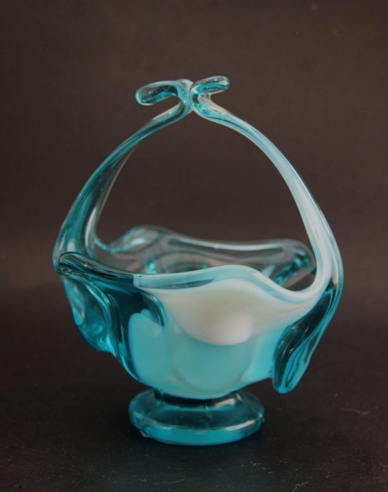 Blown Biomorphic Art Glass Sweet Meat Basket Blue and White Swirl Candy Dish