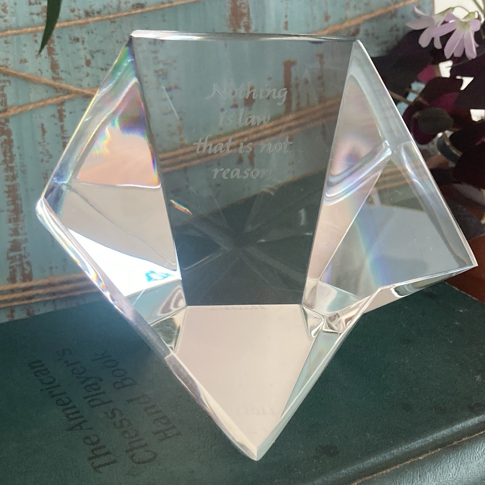 VTG Diamond Prism Paperweight Signed Stueben Nothing Is Law That Is Not Reason