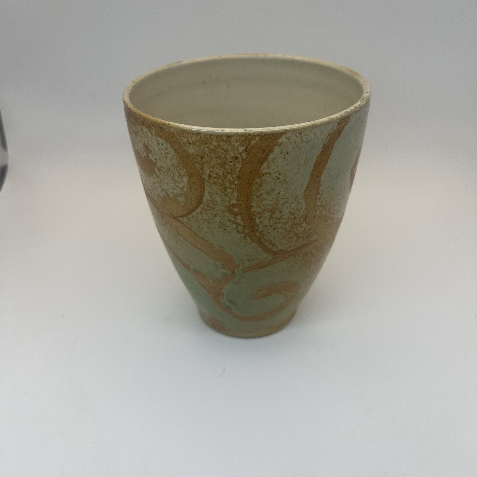 Studio Pottery 5” Tall Vase With Orange Swirls And Turquoise Glaze Signed