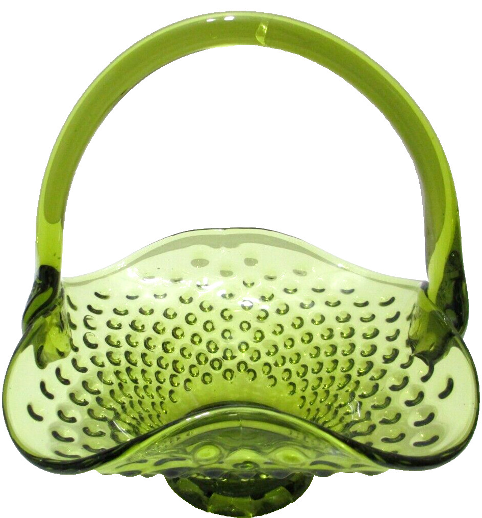 Vintage Empoli Glass Basket Hobnail Green Handmade in Italy 7 5/8″ Tall