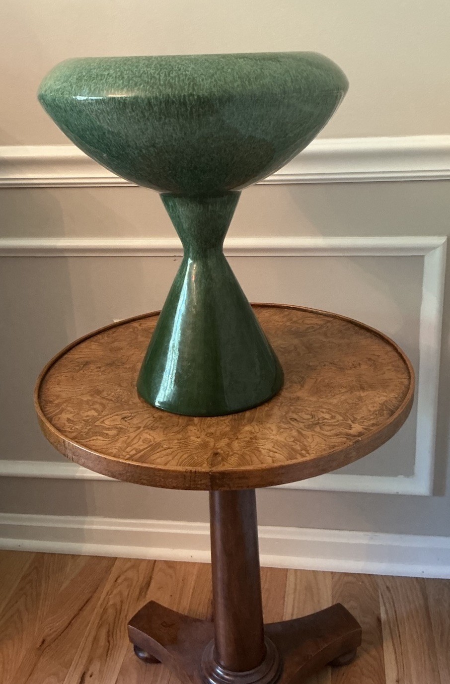 MCM Haeger USA Pottery Large Pedestal Planter Bowl Vase Green Drip Glaze 15”