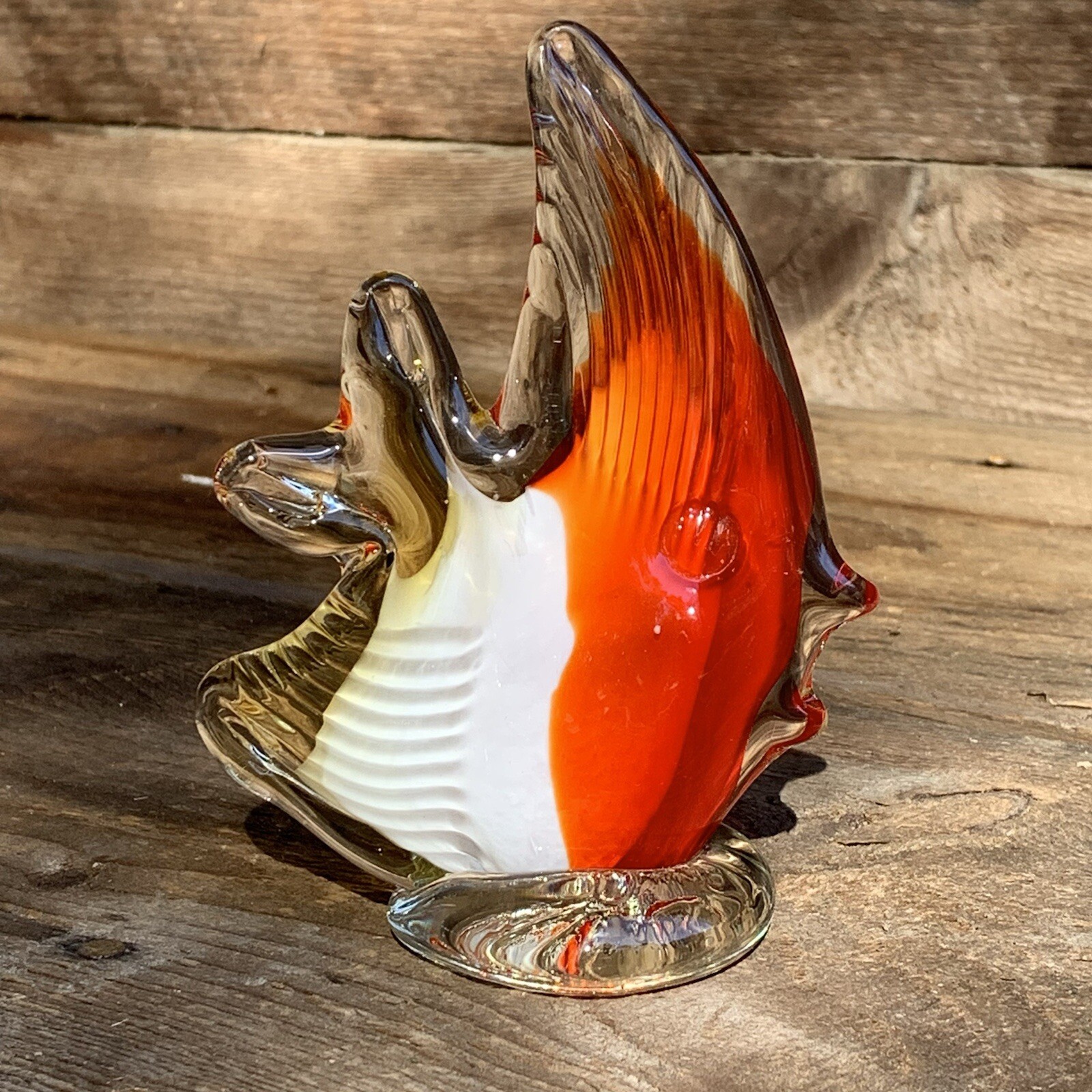 Art Glass Paperweight Tropical Angel Fish Red Orange White Clear 4.5” T