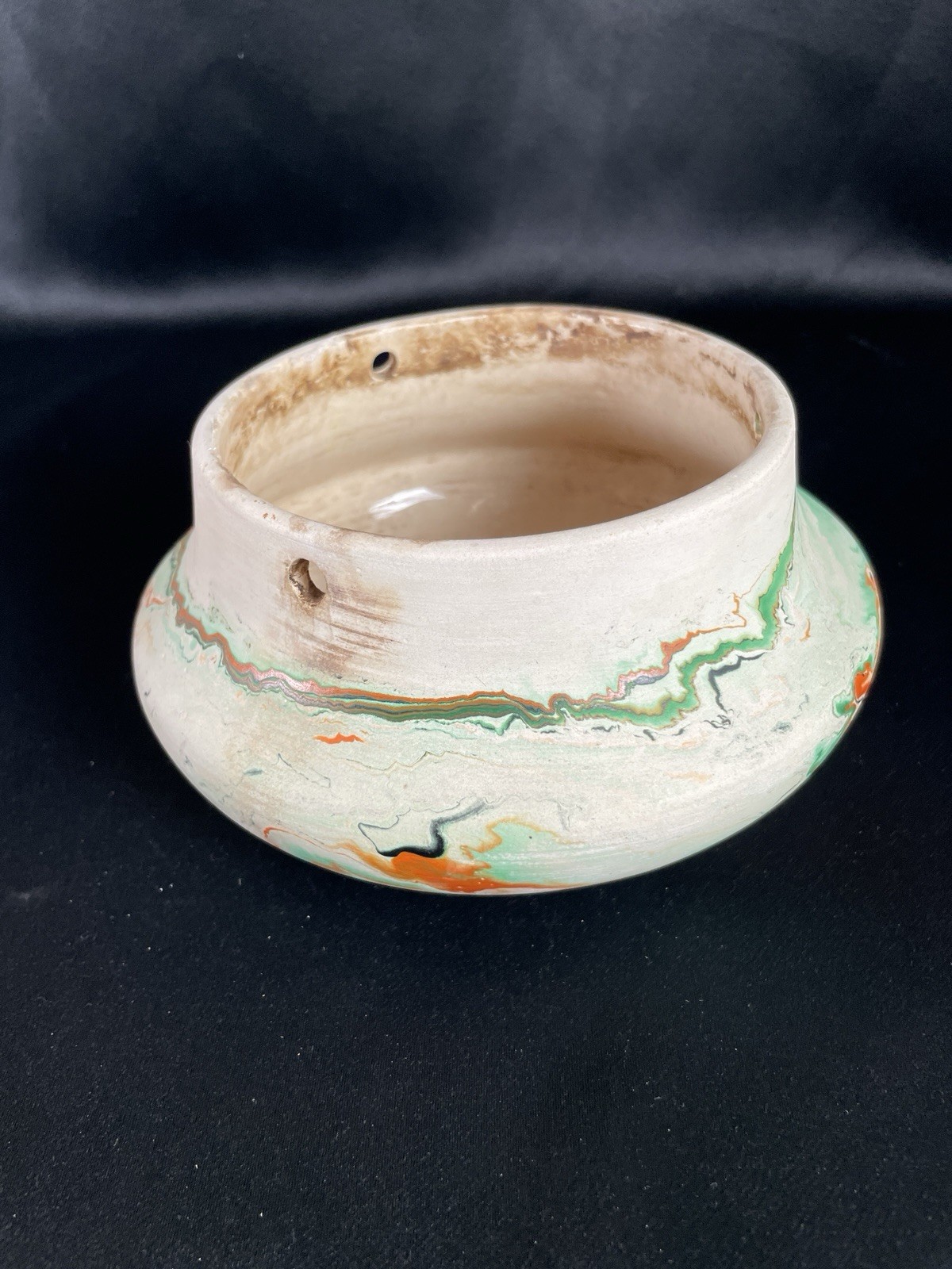 Vintage Nemadji Pottery USA Hanging Planter Pot wit Chain Swirled Orange Green