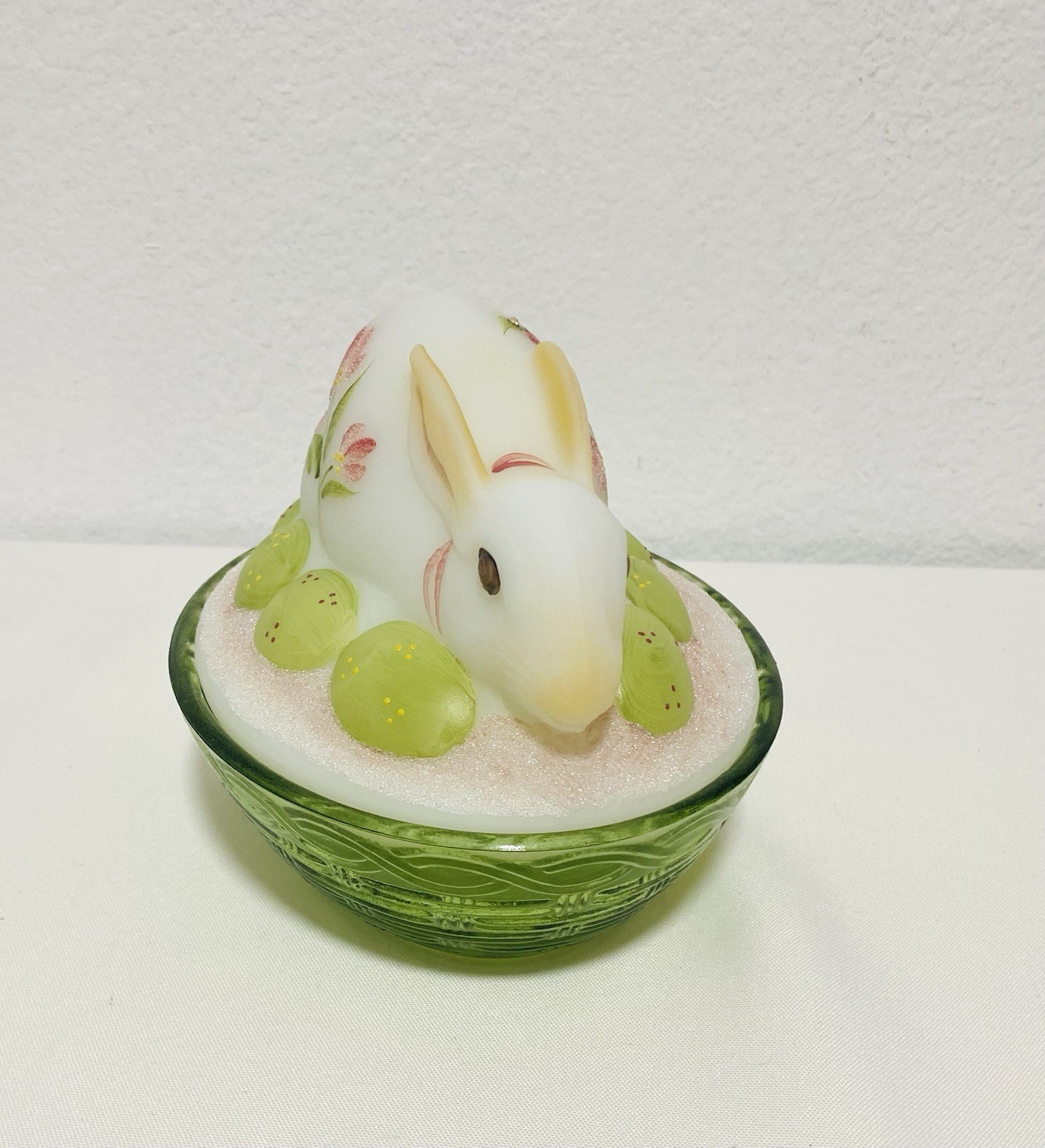 Fenton Bunny on Nest Candy Dish Pink Flowers & Eggs Hand Painted & Signed Large