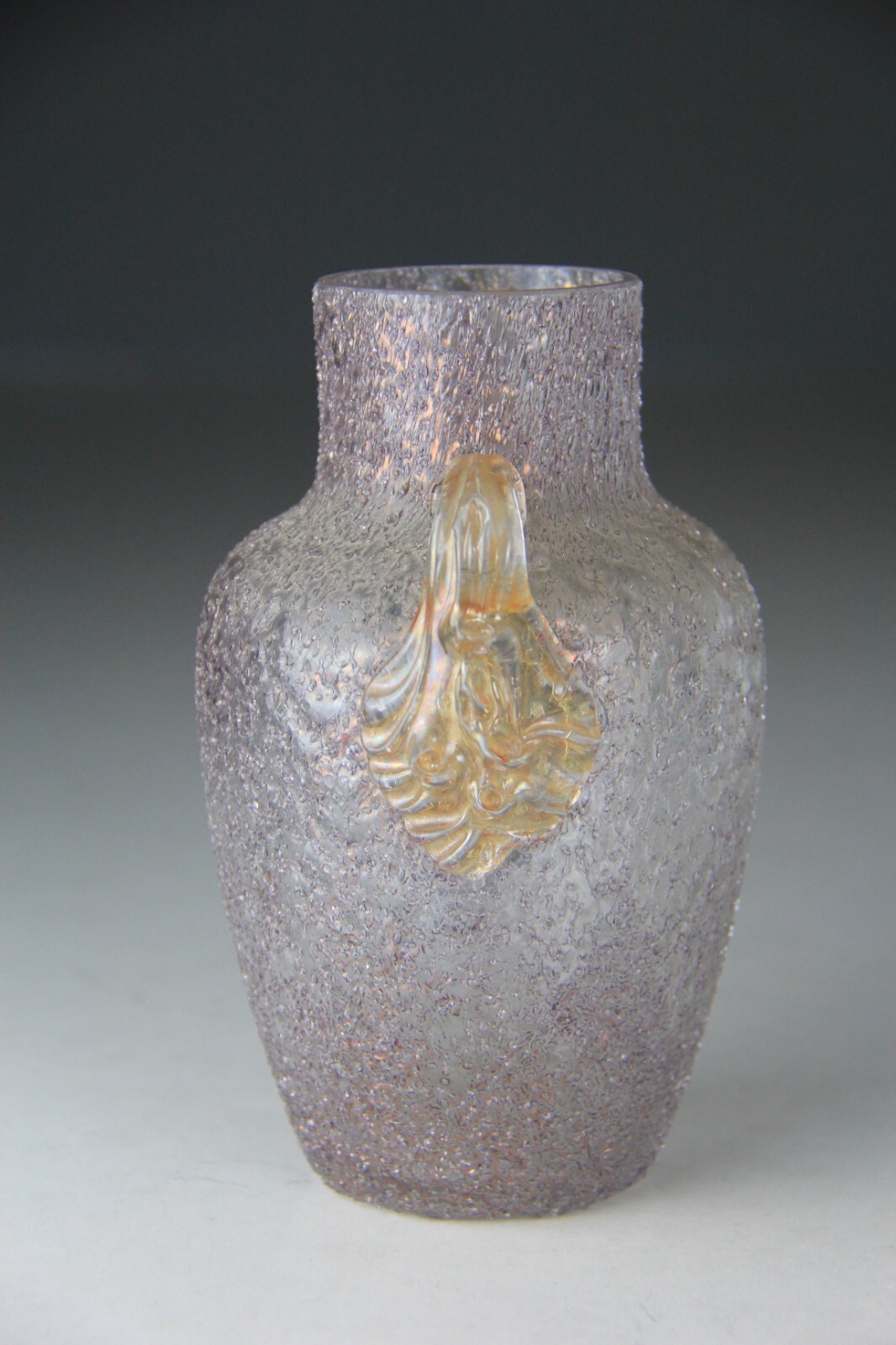 Dugan Smoke Colored Frit Vase w/ Applied Clambroth Handle -Glows!