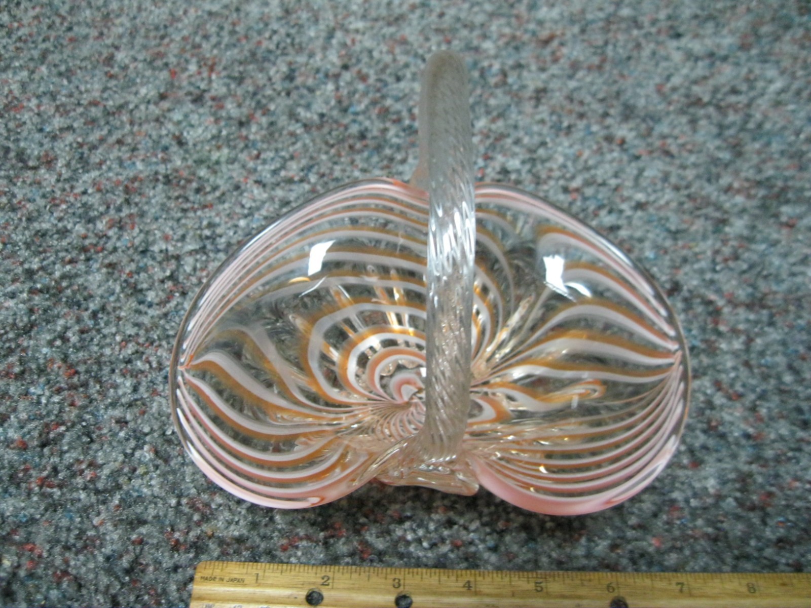 Murano Crystal Clear with white and orange swirls Basket/ Candy Dish