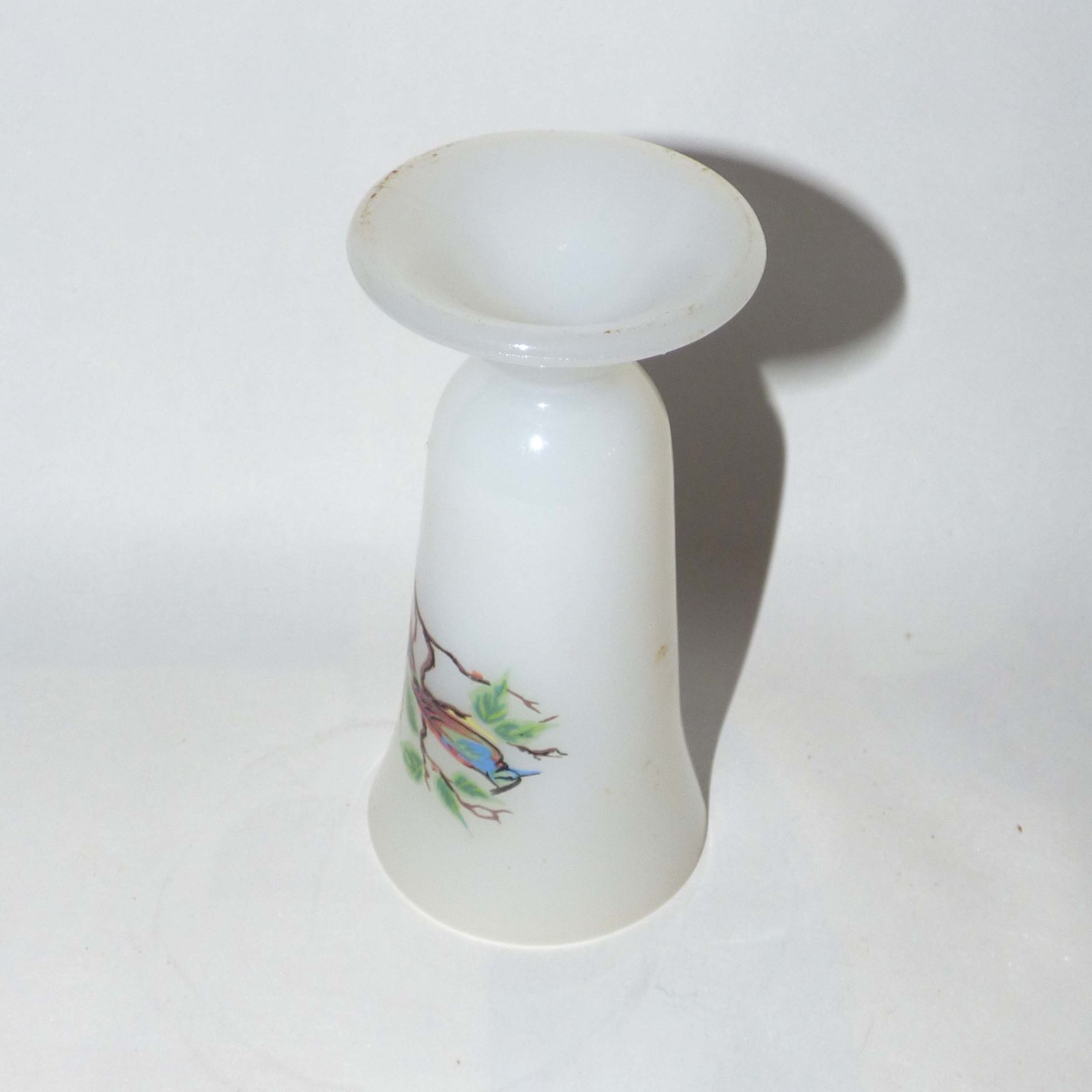 Vintage Milk Glass Opaline Vase Hand-Painted Bird 13cm