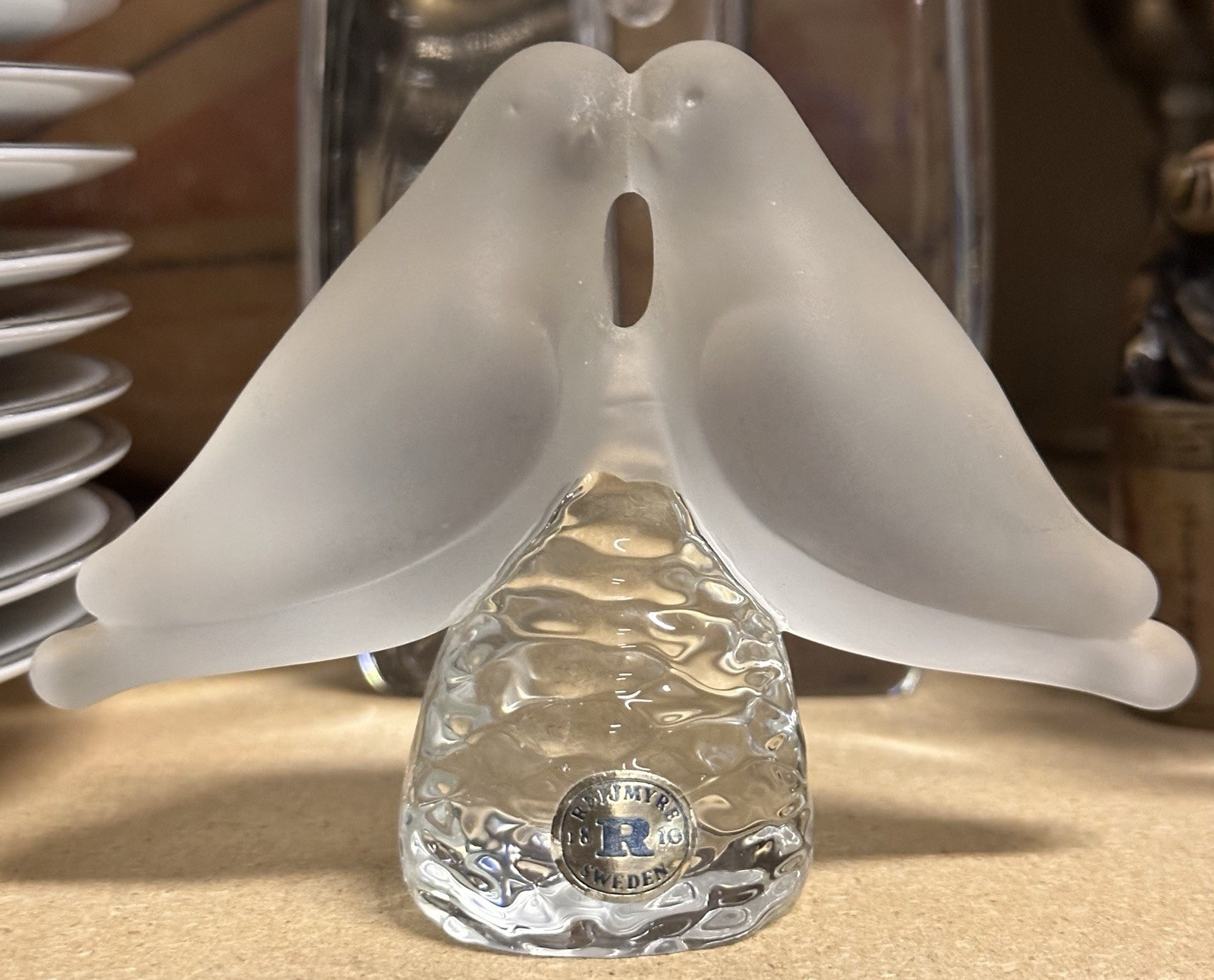 Vintage Reijmyre Swedish Frosted Art Glass Crystal Love Birds Paperweight