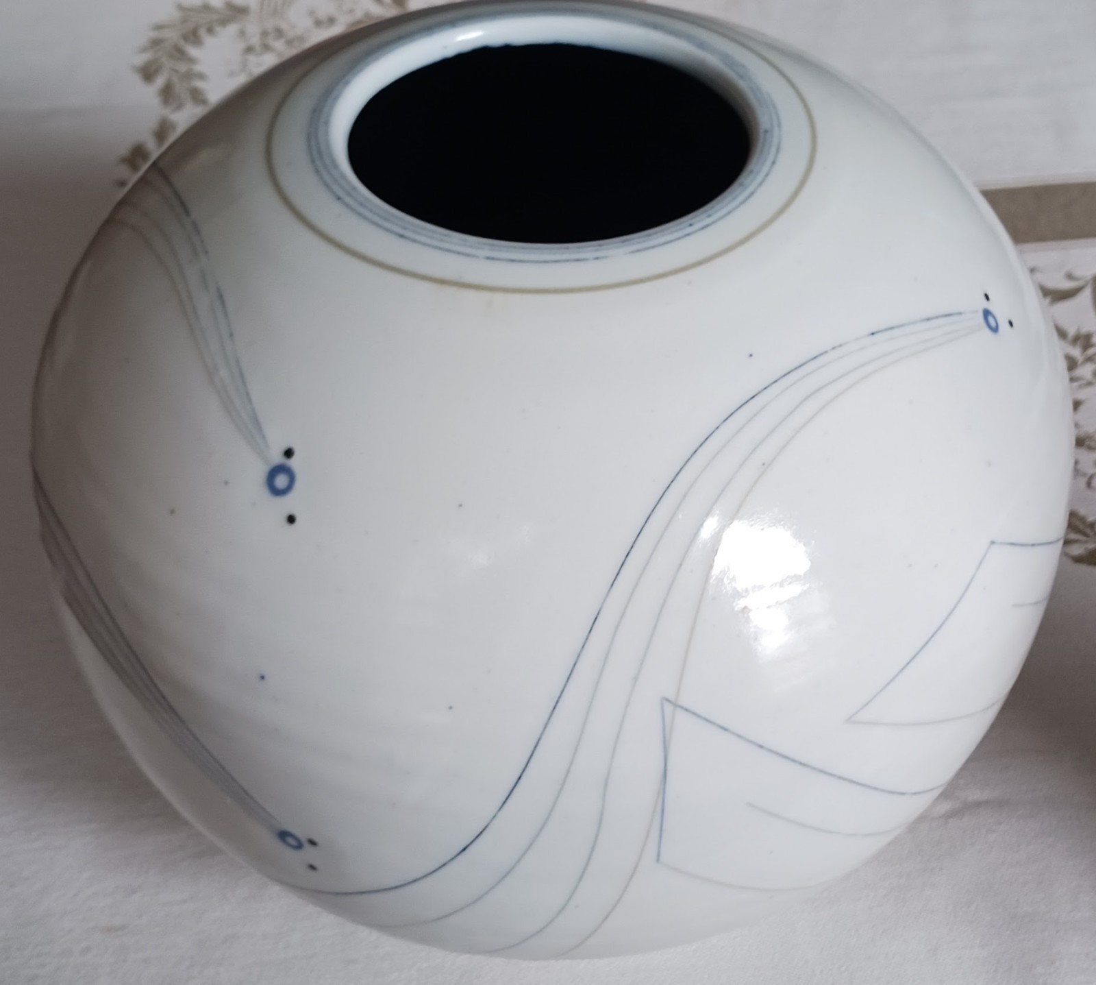 Michael Remsen Vintage White/Blue Glazed Clay Abstract Circular Porcelain Vase