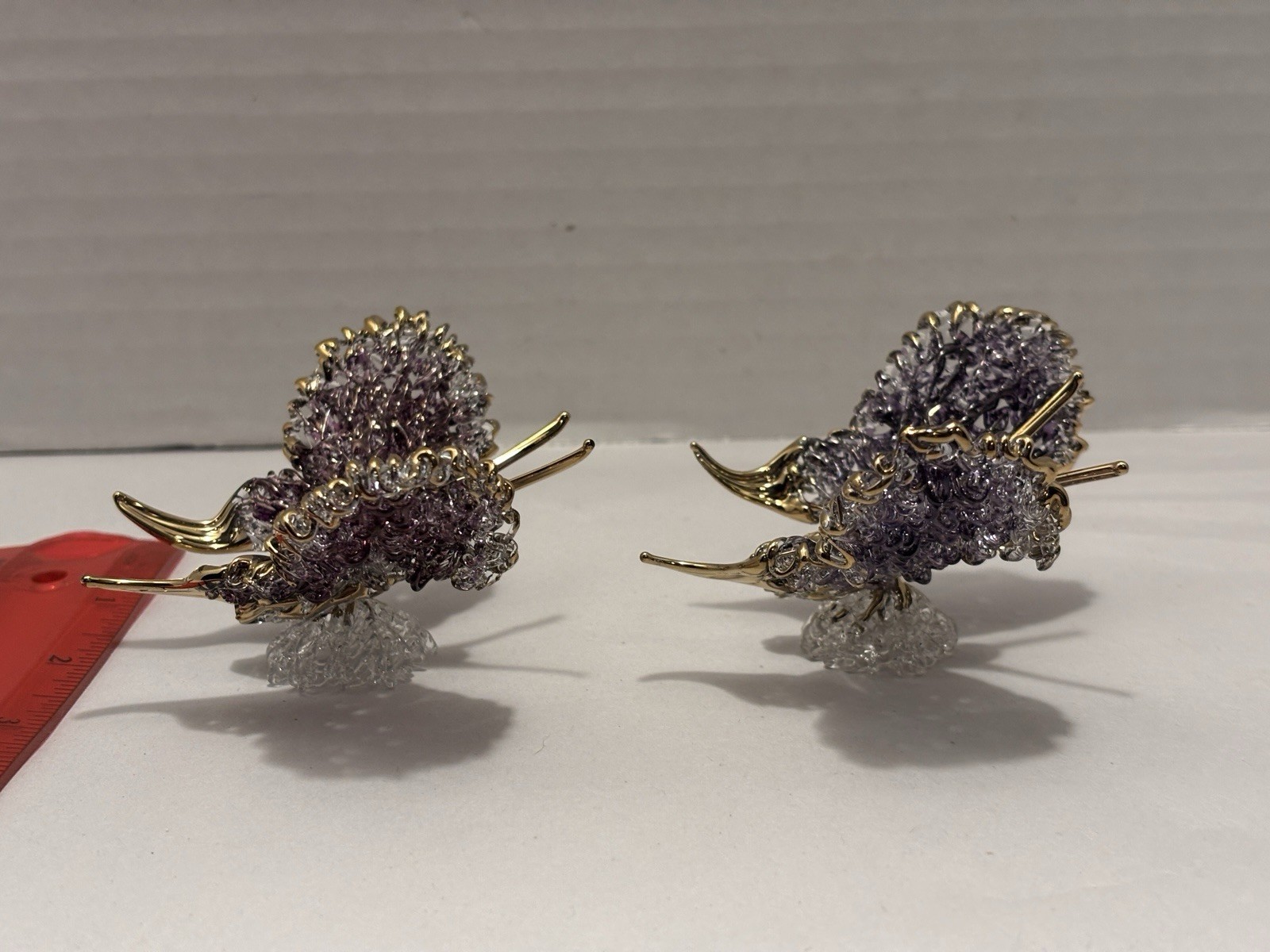 2 Hand Blown Crystal Glass Butterfly Sculptures Figurines 24K Gold Trim Purple