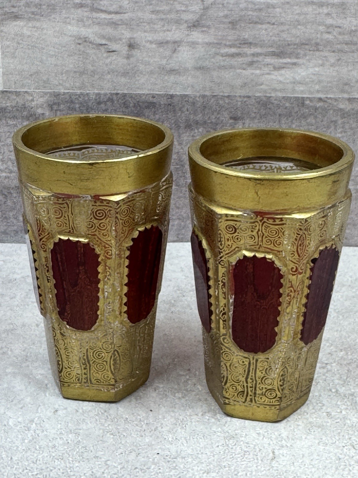 Antique Moser Bohemian Etched Gilded Ruby Paneled Toothpick Holder Bud Vase