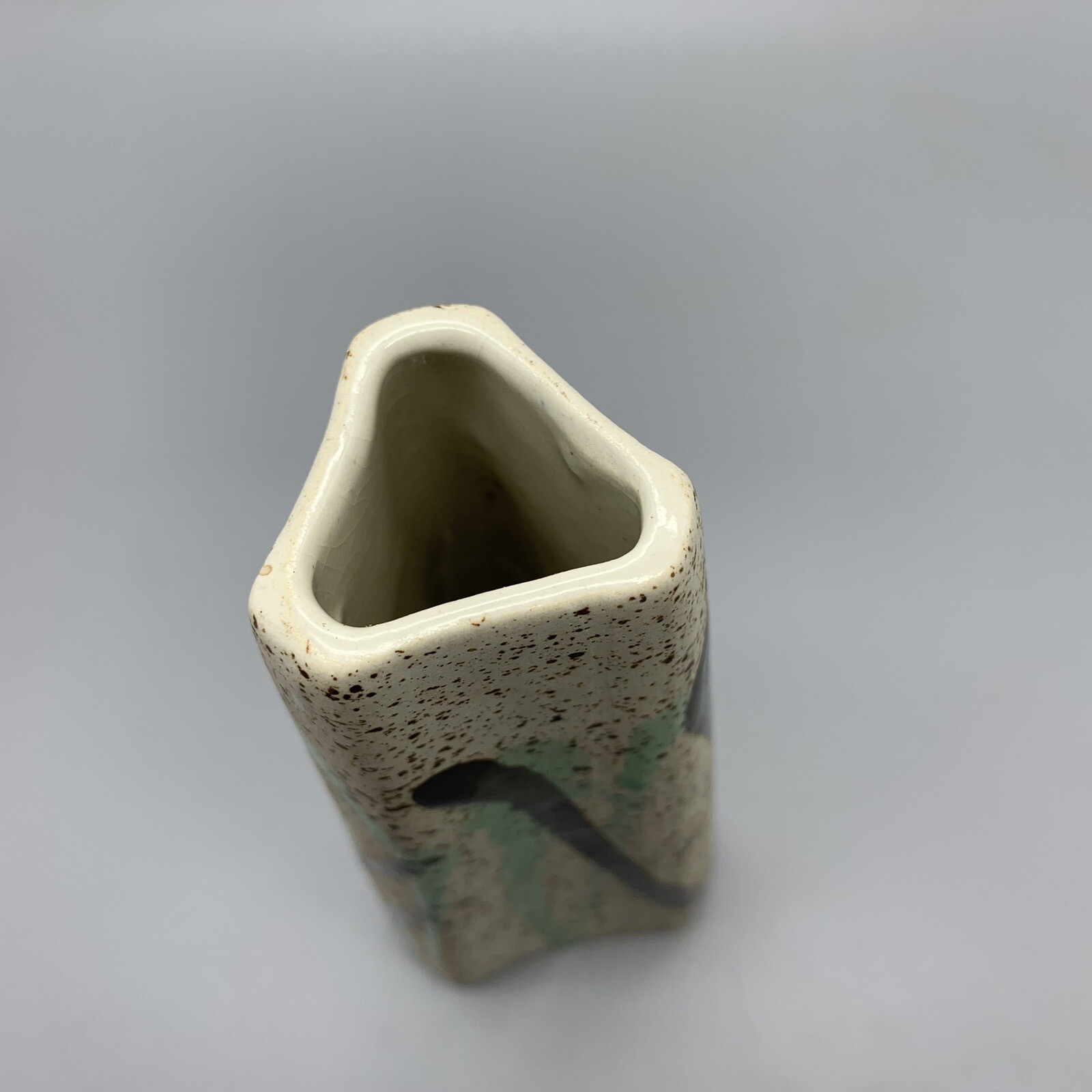 Abstract Vase Brown Green Glaze Drip Ceramic Pottery Trees Triangular Hexagon