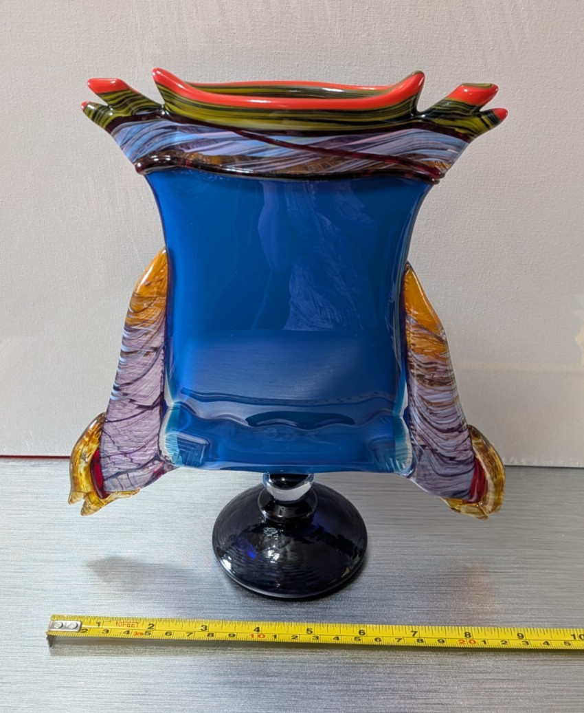 Large Peter Secrest Signed Art Glass Pedestal Vase: 10.25″, Memphis Style, 1997