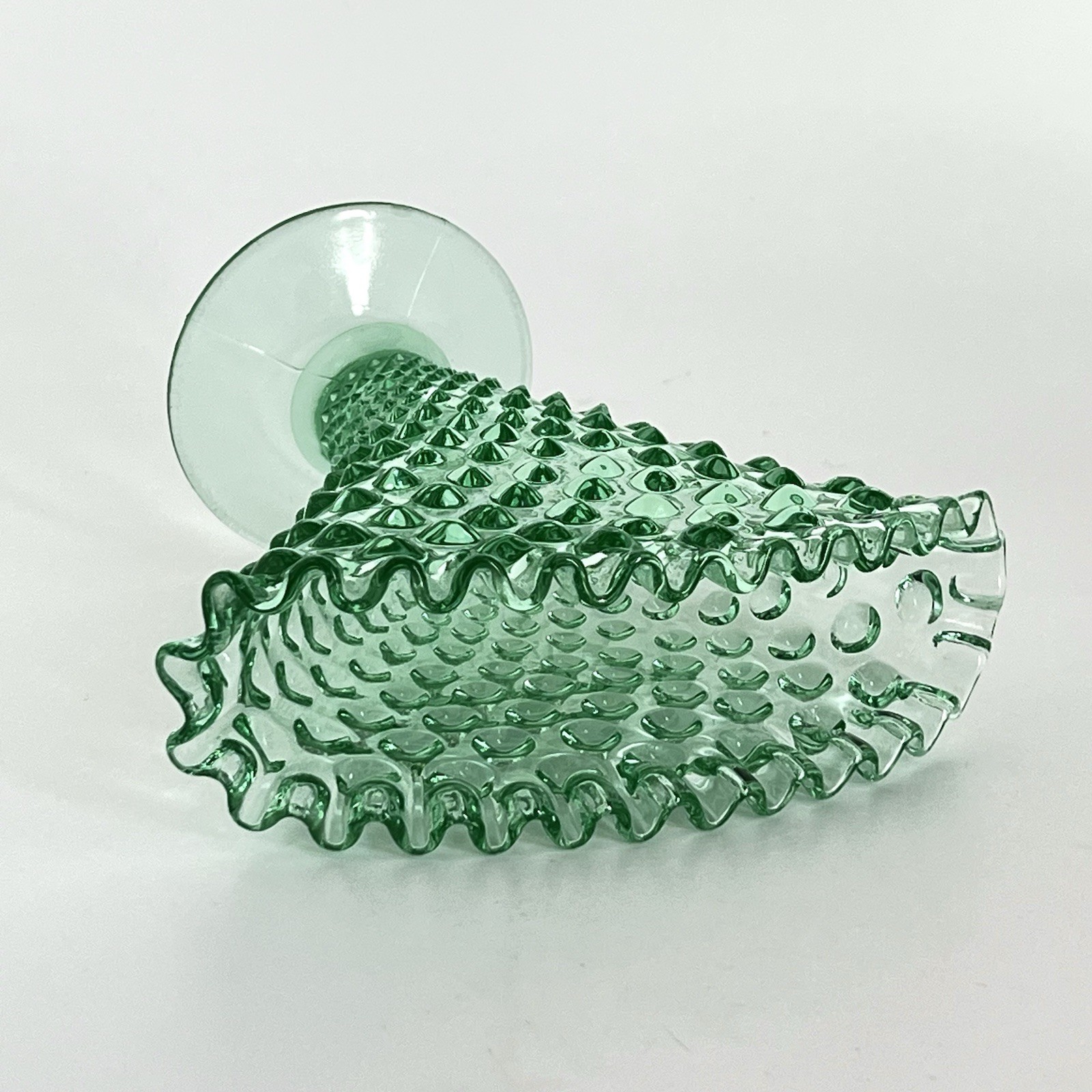 Vintage Fenton Hobnail Green Ruffled 8” Fan Vase MCM Pedestal Base ￼