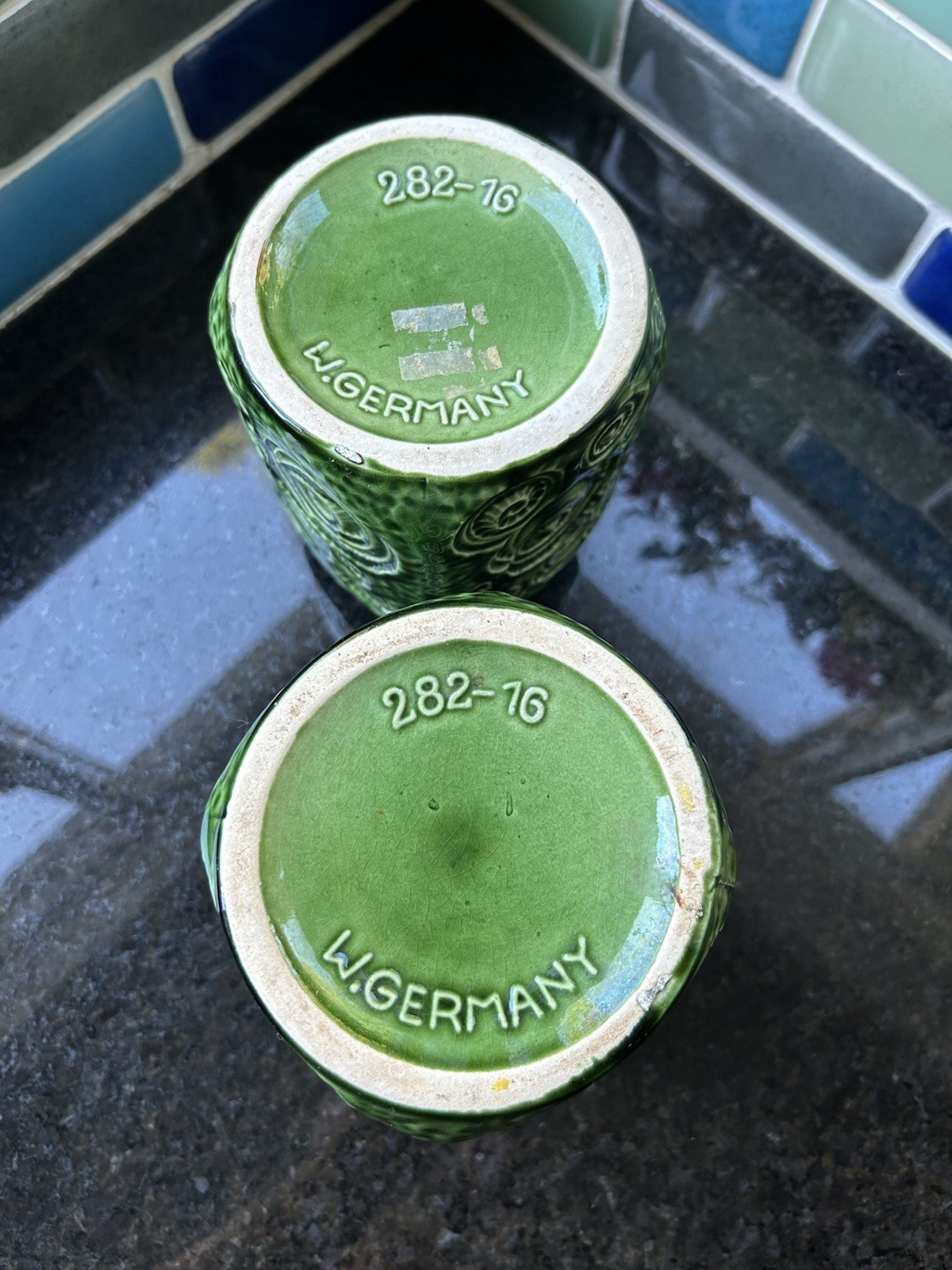 Vtg Scheurich Jura Vase Set 2 Green W Germany Art Pottery 1970’s Excellent